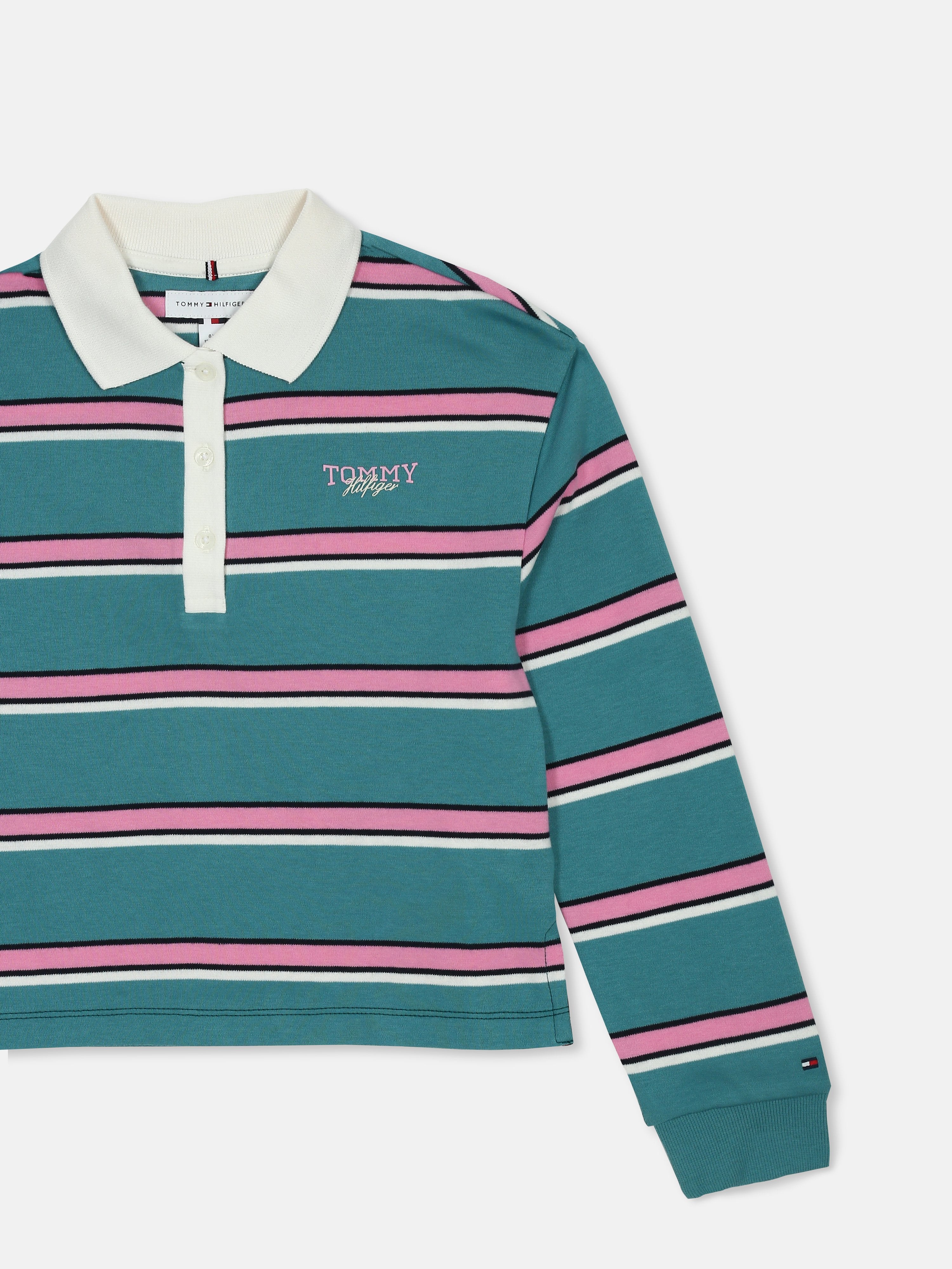 Striped Cotton Polo T-Shirt for Girls Teal