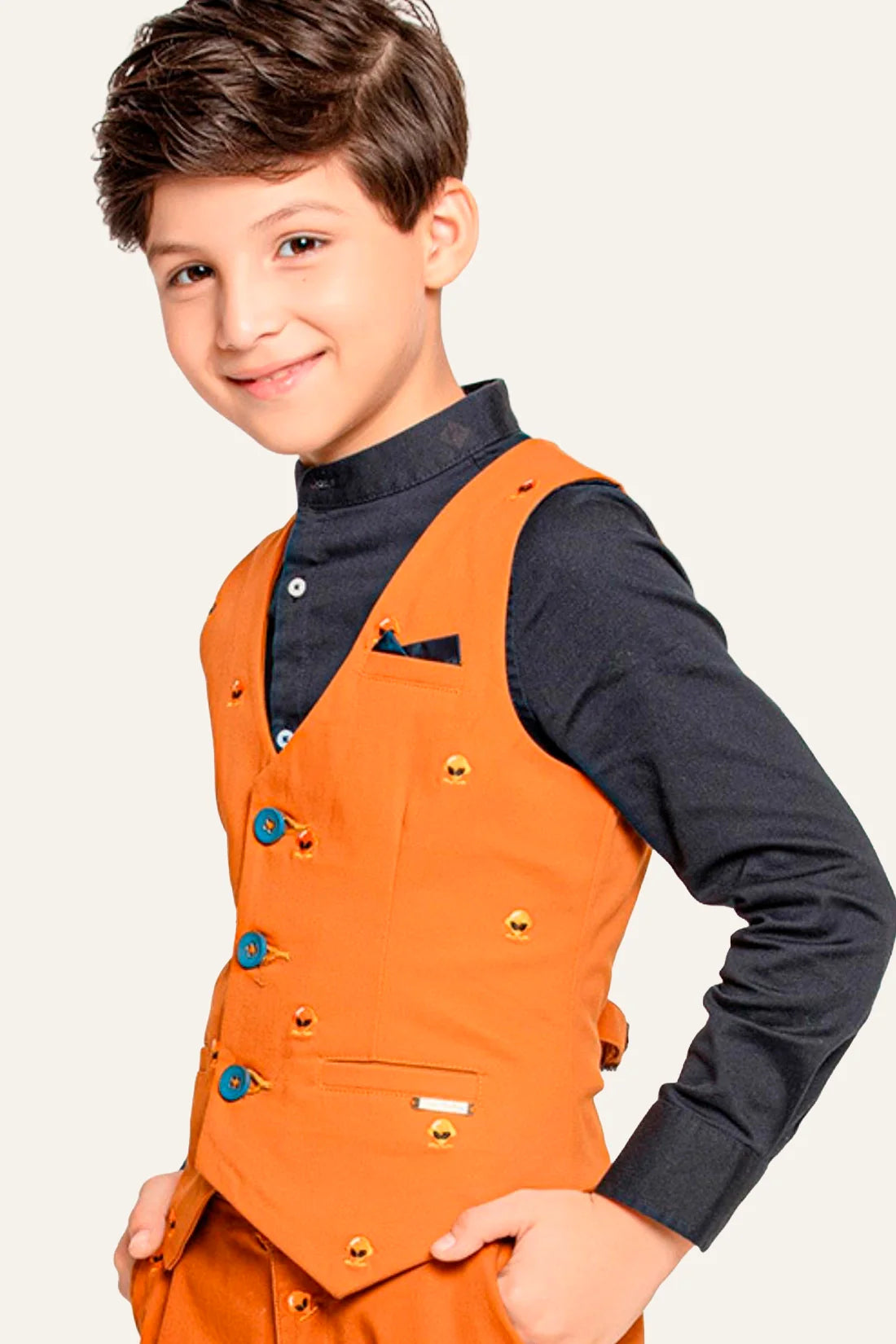 Boys Rust V-Neck Cotton Formal Waistcoat
