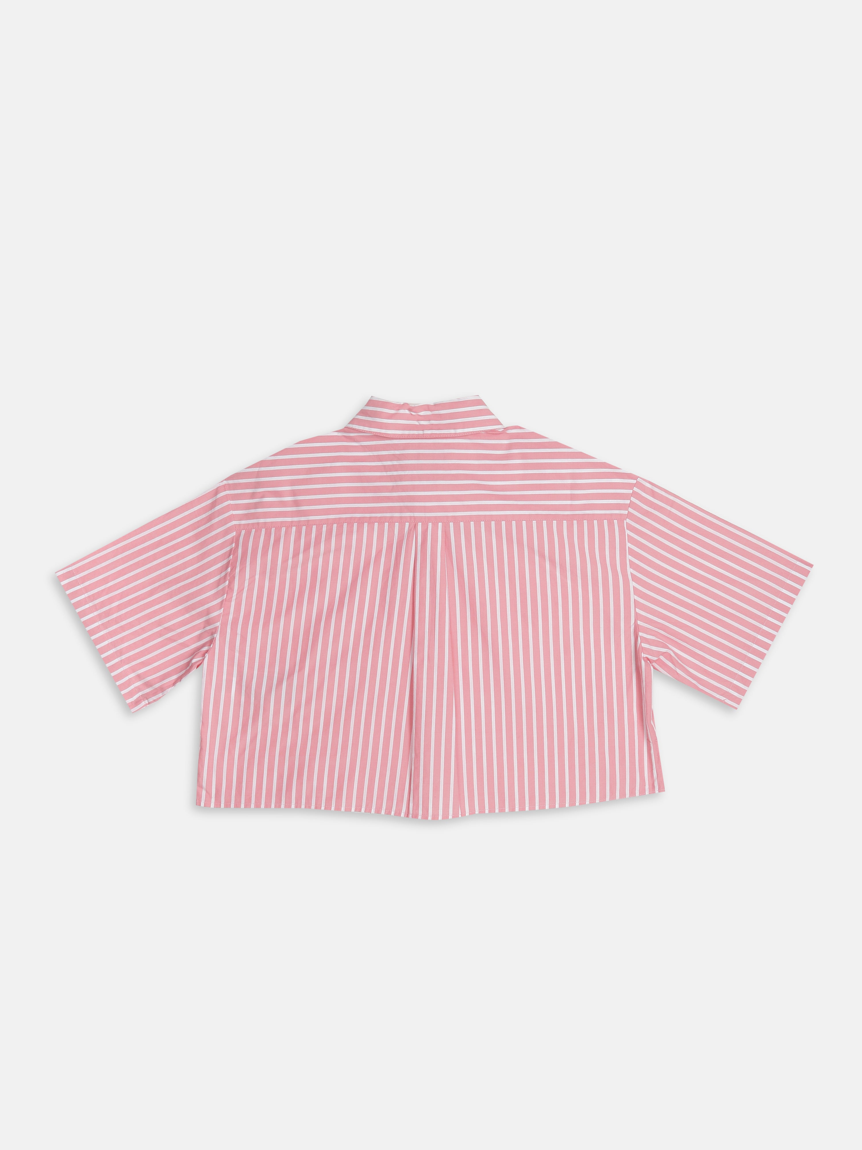 Girls Pink Striped Shirt Collar Woven Top