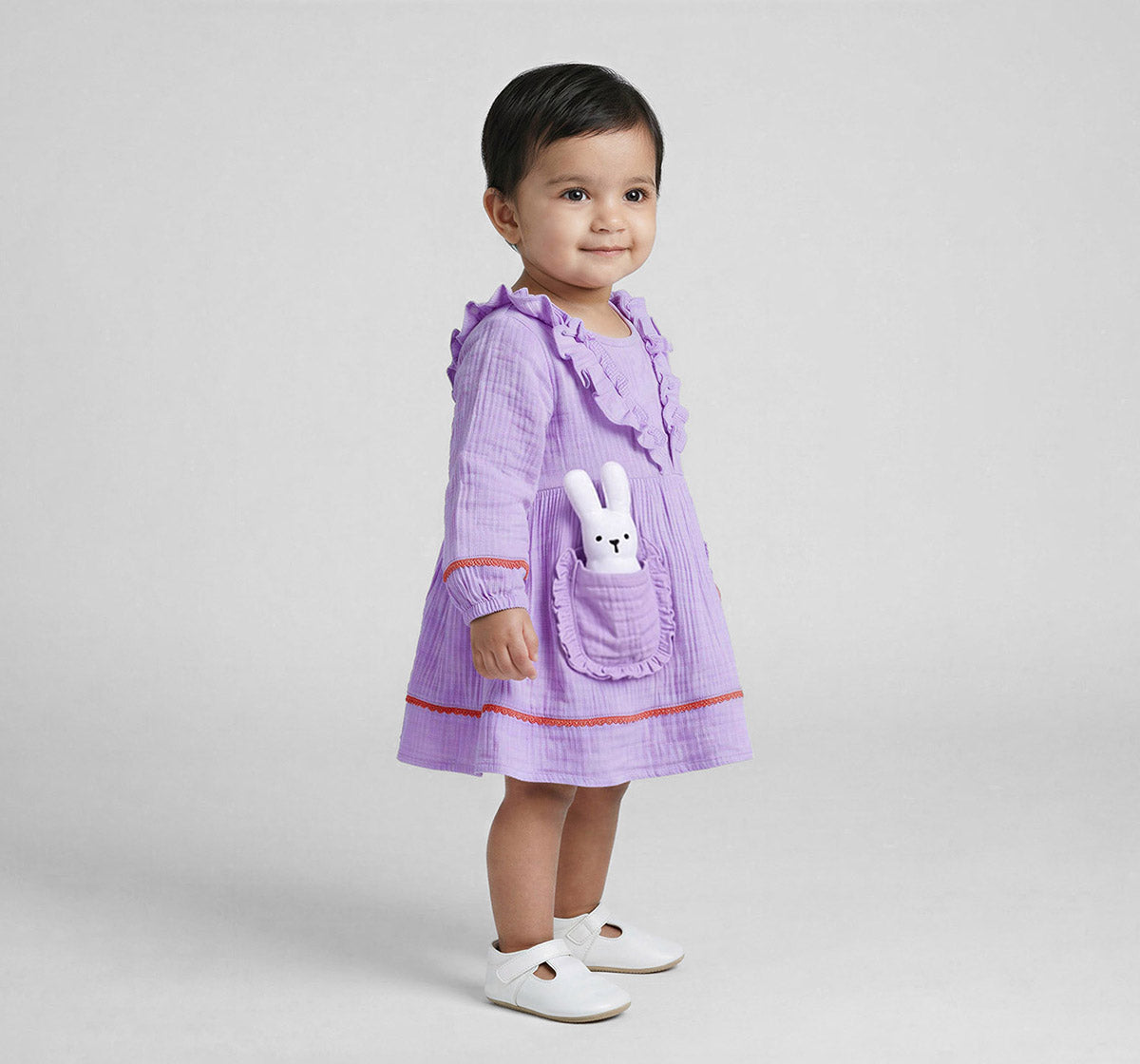 Infant Girls Lavender Cotton Gauze Lace Dress with Bunny Toy