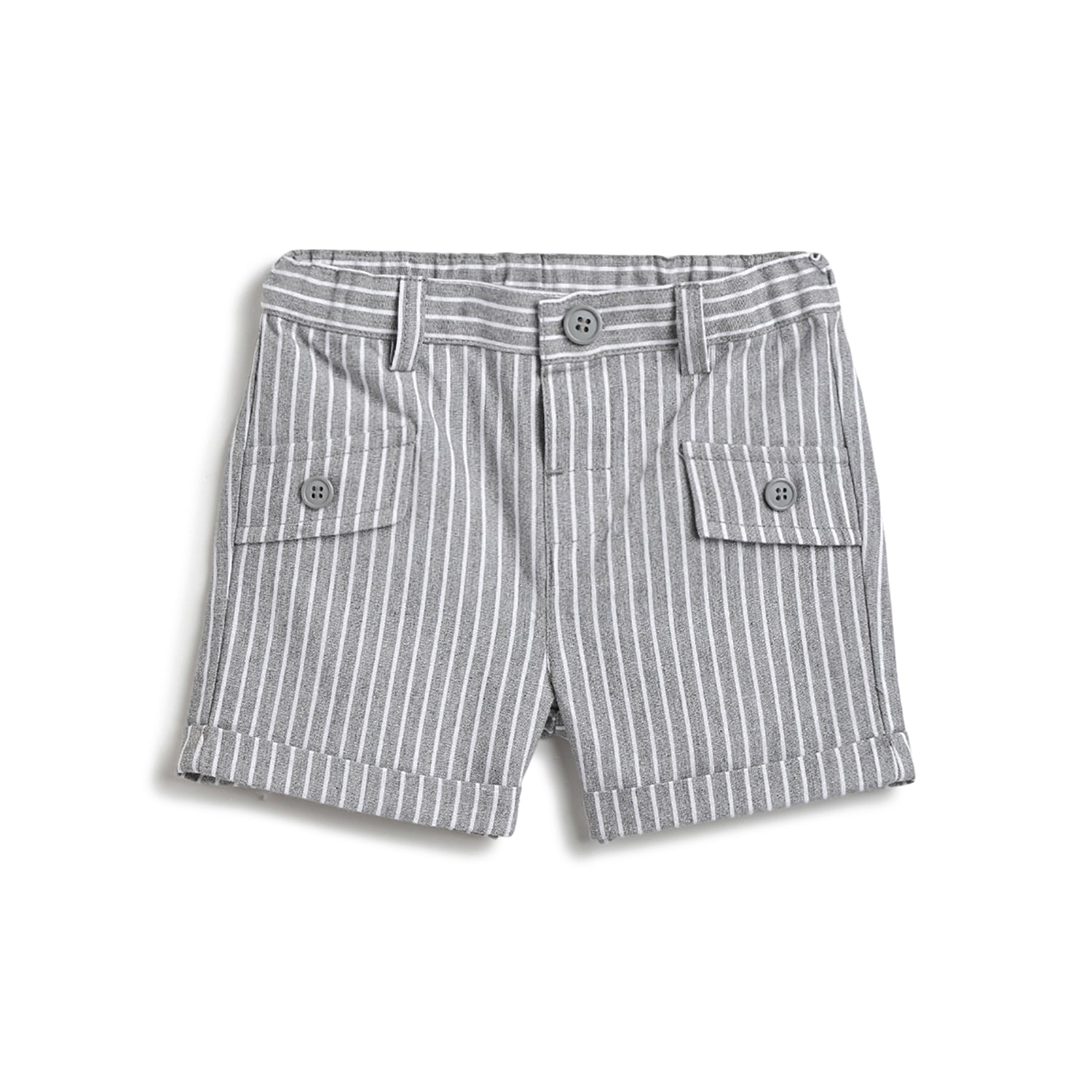 Boys Medium Grey Striped Cotton Linen Shorts with Regular Fit