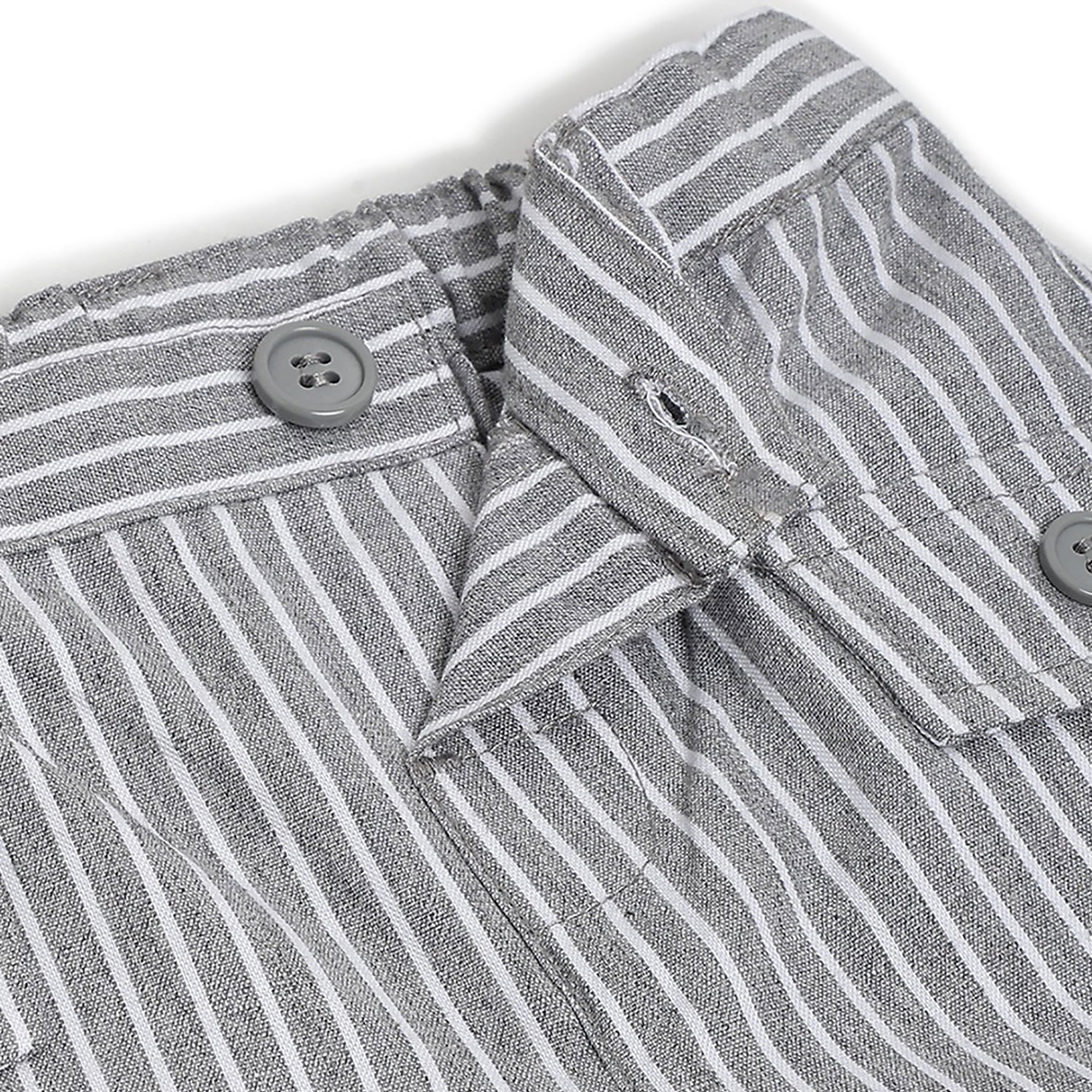 Boys Medium Grey Striped Cotton Linen Shorts with Regular Fit