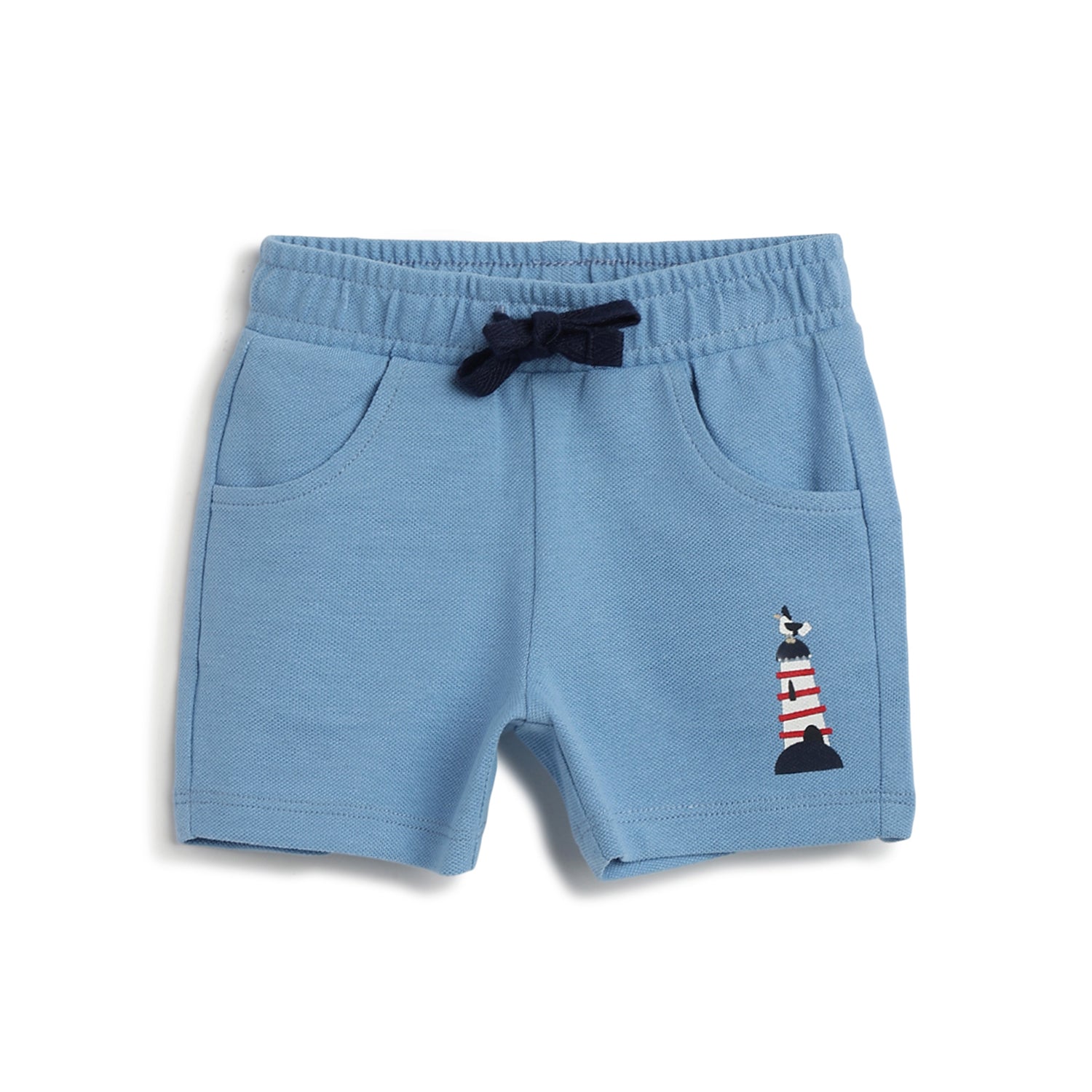 Boys Medium Light Blue Cotton Printed Shorts in Regular Fit