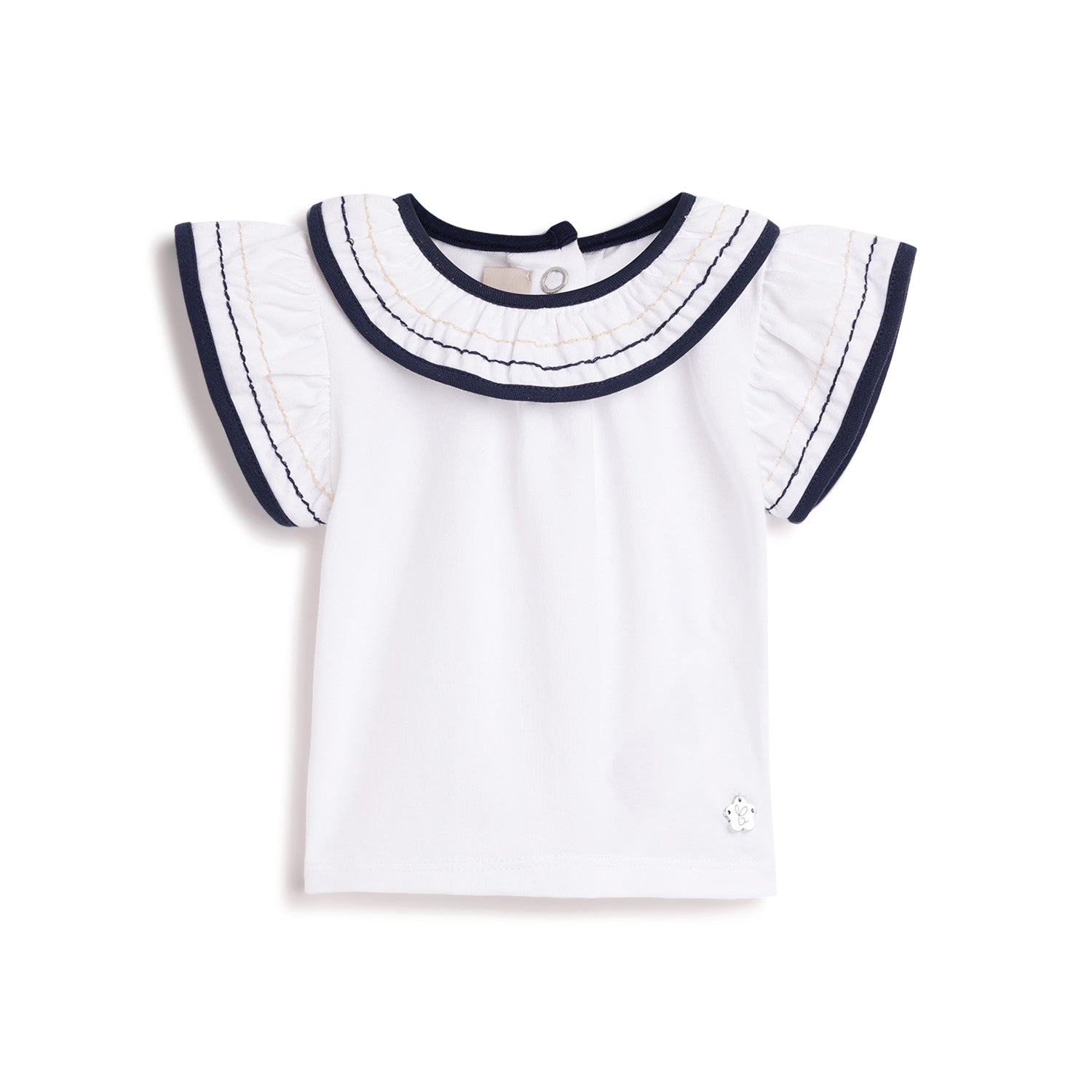 Girls White and Blue Solid Cotton Stretch T-Shirt with Regular Fit