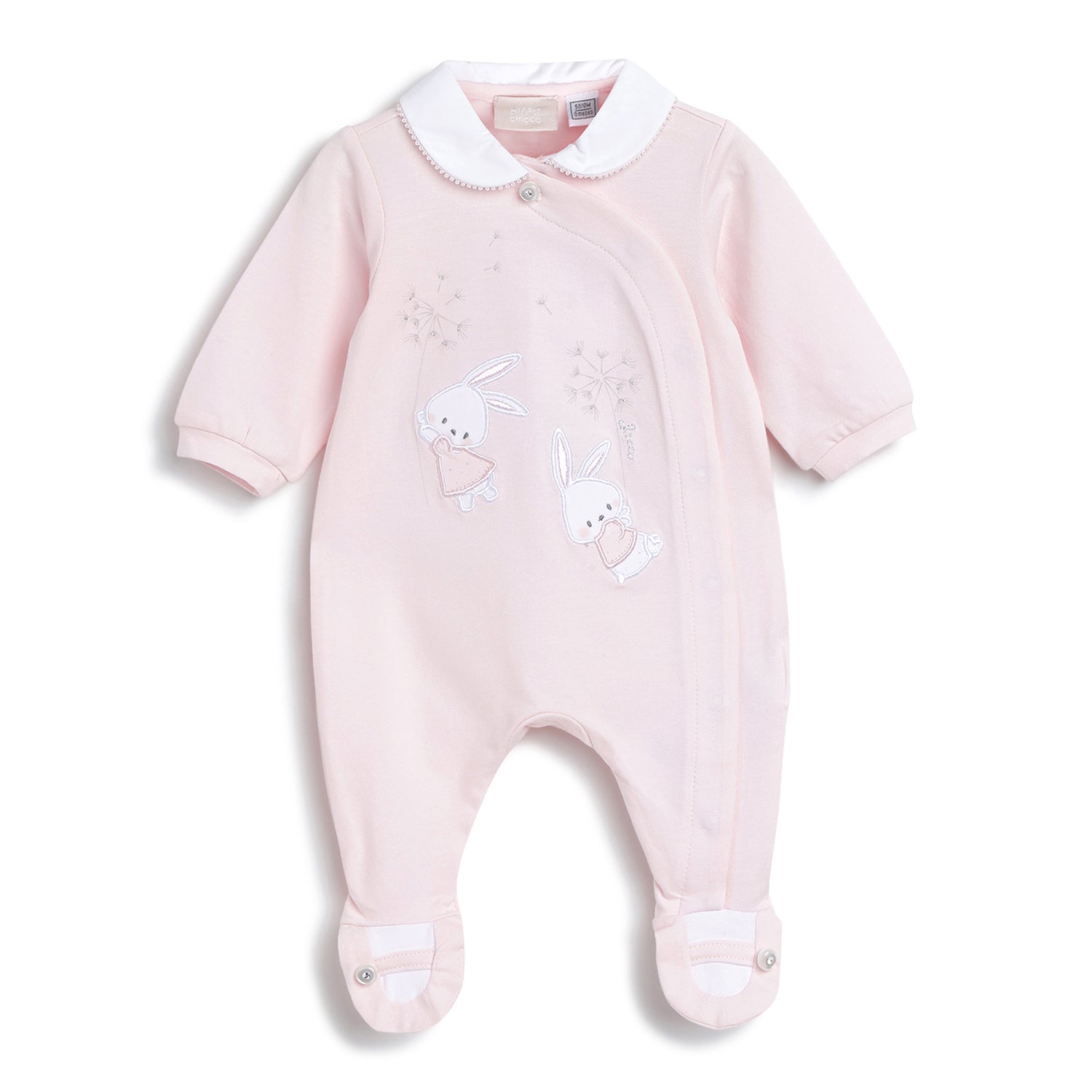 Girls Light Pink Applique Cotton Stretch Front Opening Babysuit
