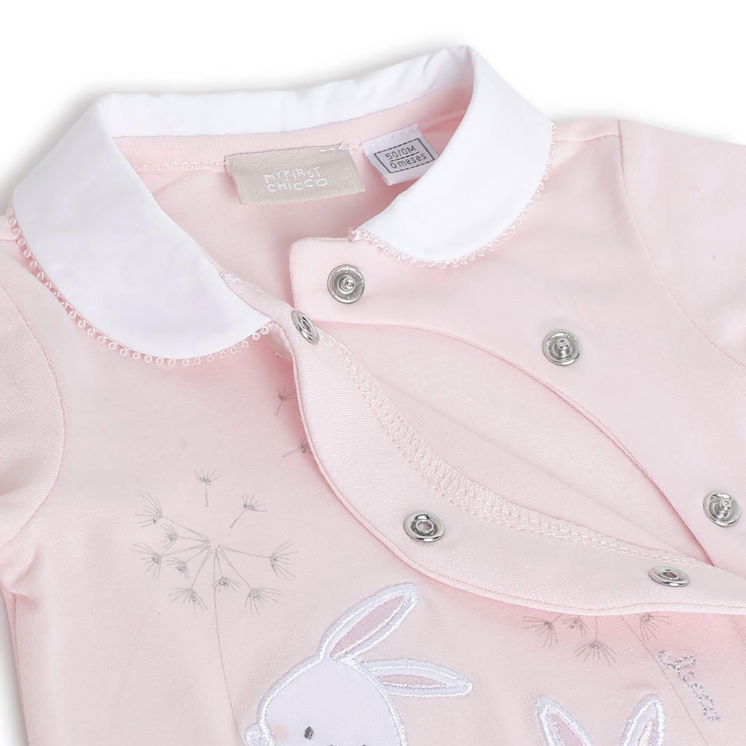 Girls Light Pink Applique Cotton Stretch Front Opening Babysuit
