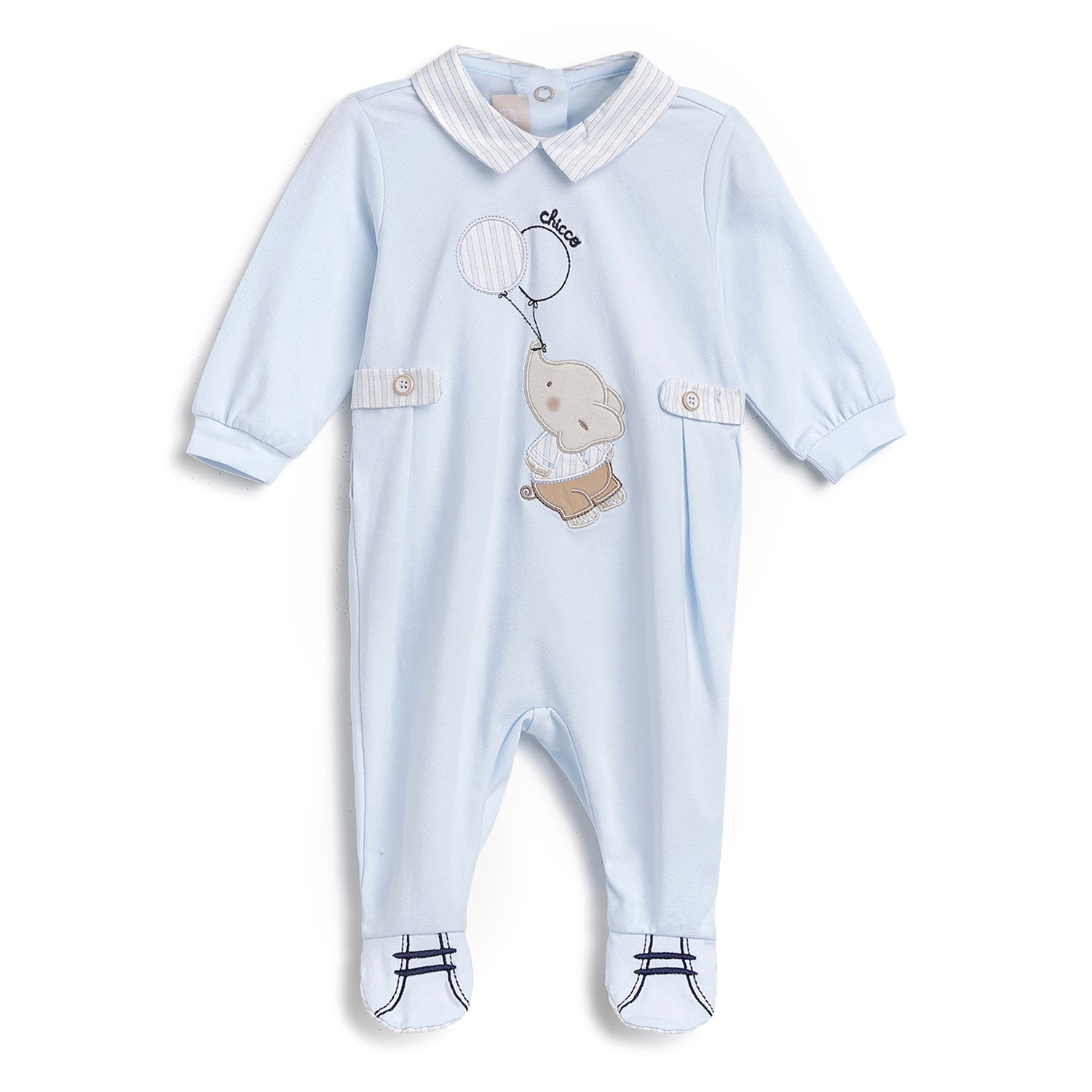 Boys Light Blue Applique Cotton Stretch Nappy Opening Babysuit