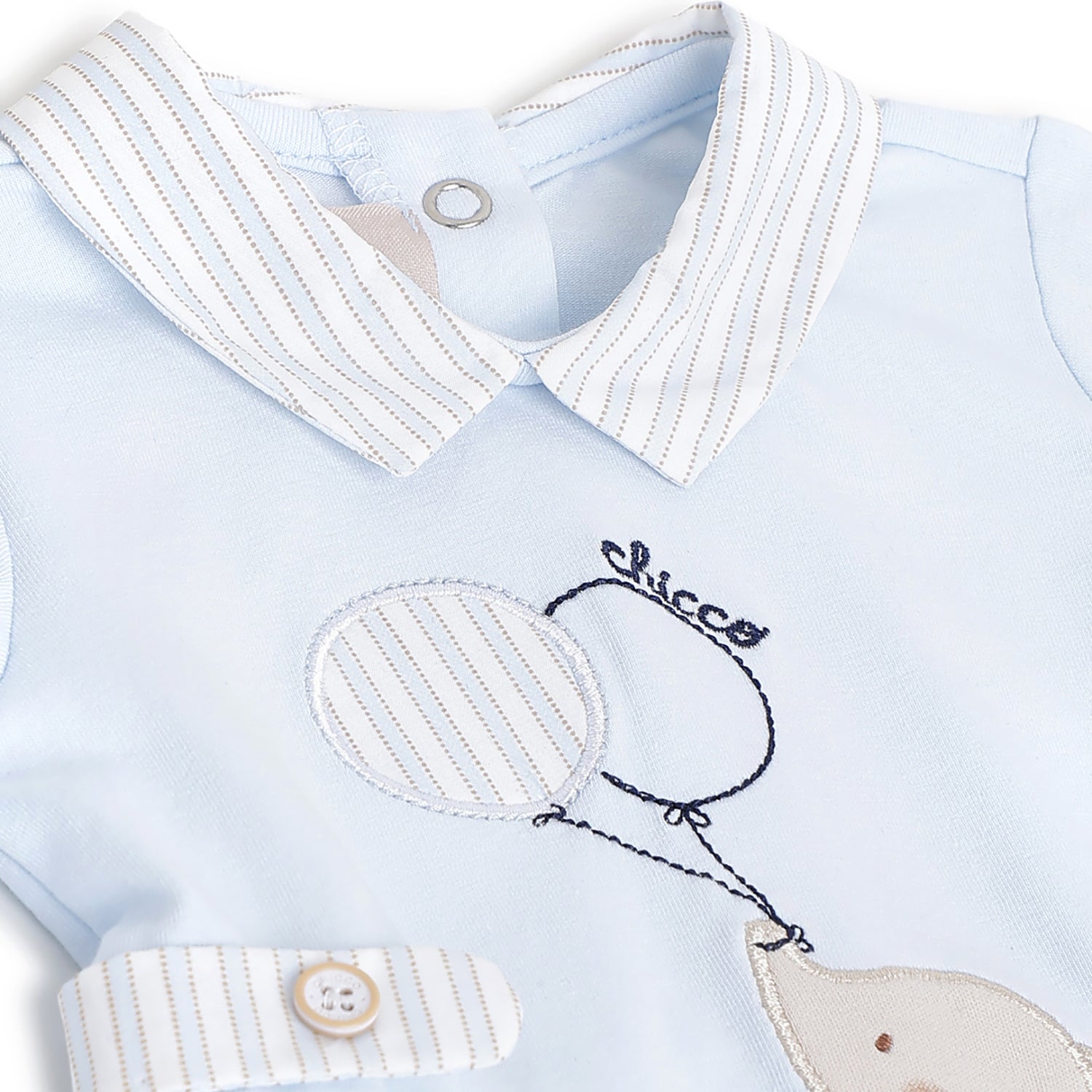 Boys Light Blue Applique Cotton Stretch Nappy Opening Babysuit