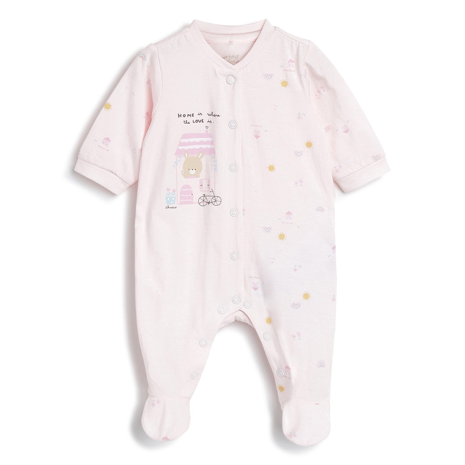 Girls Light Pink Printed Cotton Front Opening Babysuit