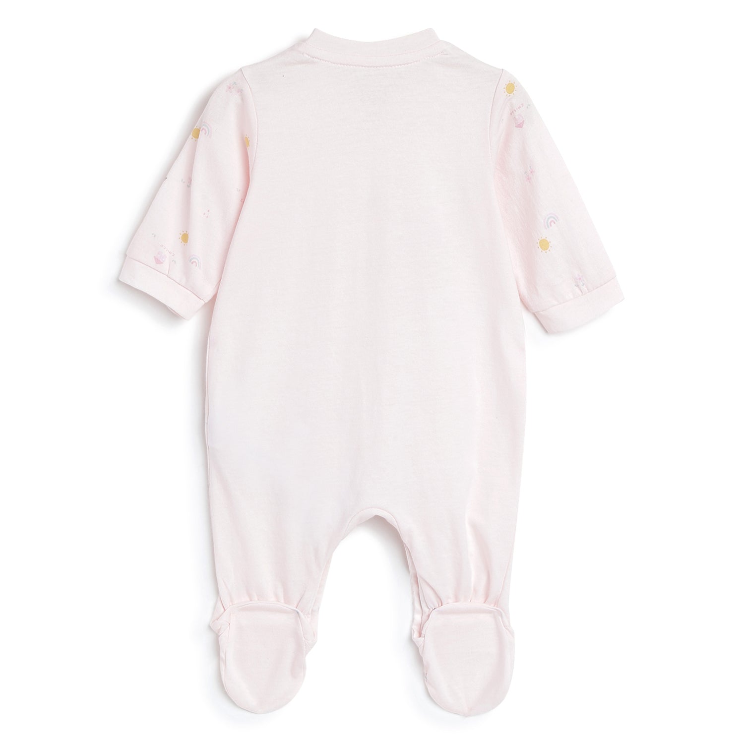 Girls Light Pink Printed Cotton Front Opening Babysuit