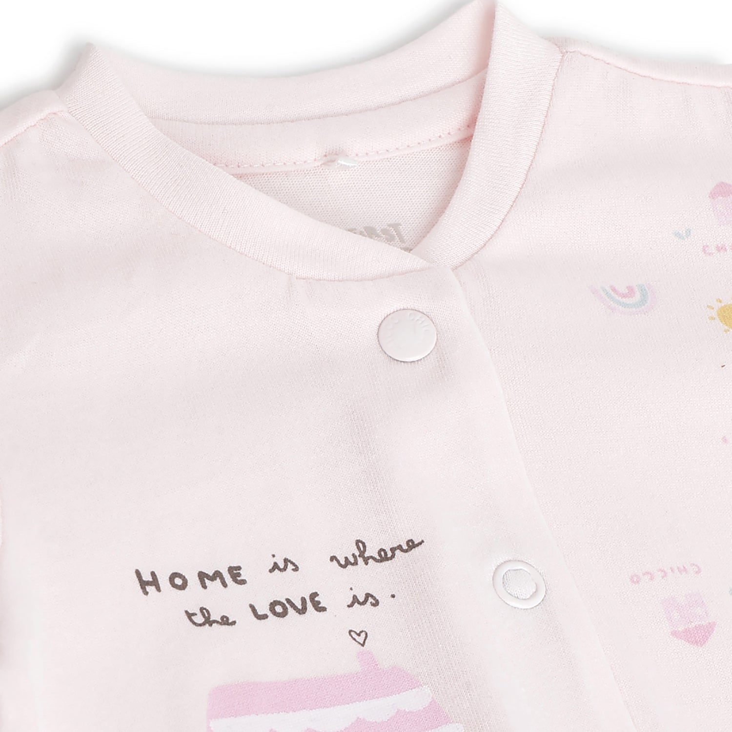 Girls Light Pink Printed Cotton Front Opening Babysuit