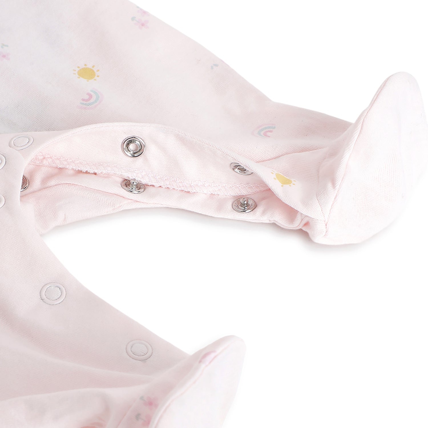 Girls Light Pink Printed Cotton Front Opening Babysuit
