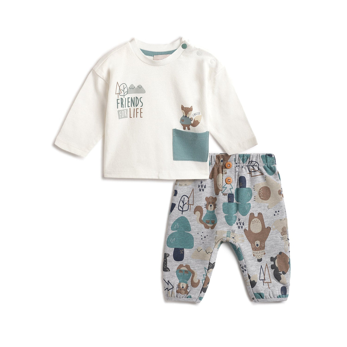 Boys White Woodland Cotton T-Shirt & Trousers Set