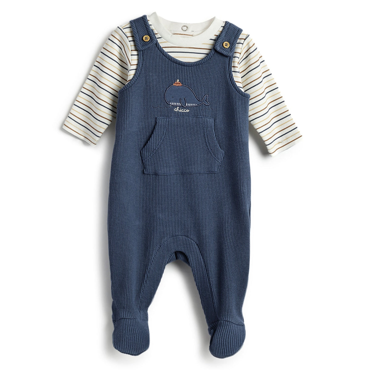 Boys White Striped Interlock Overalls Set