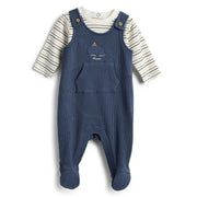 Boys White Striped Interlock Overalls Set