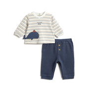 Boys White Striped Interlock T-Shirt & Trousers Set