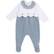 Girls Medium Light Blue Embroidered Cotton Stretch Nappy Opening Babysuit