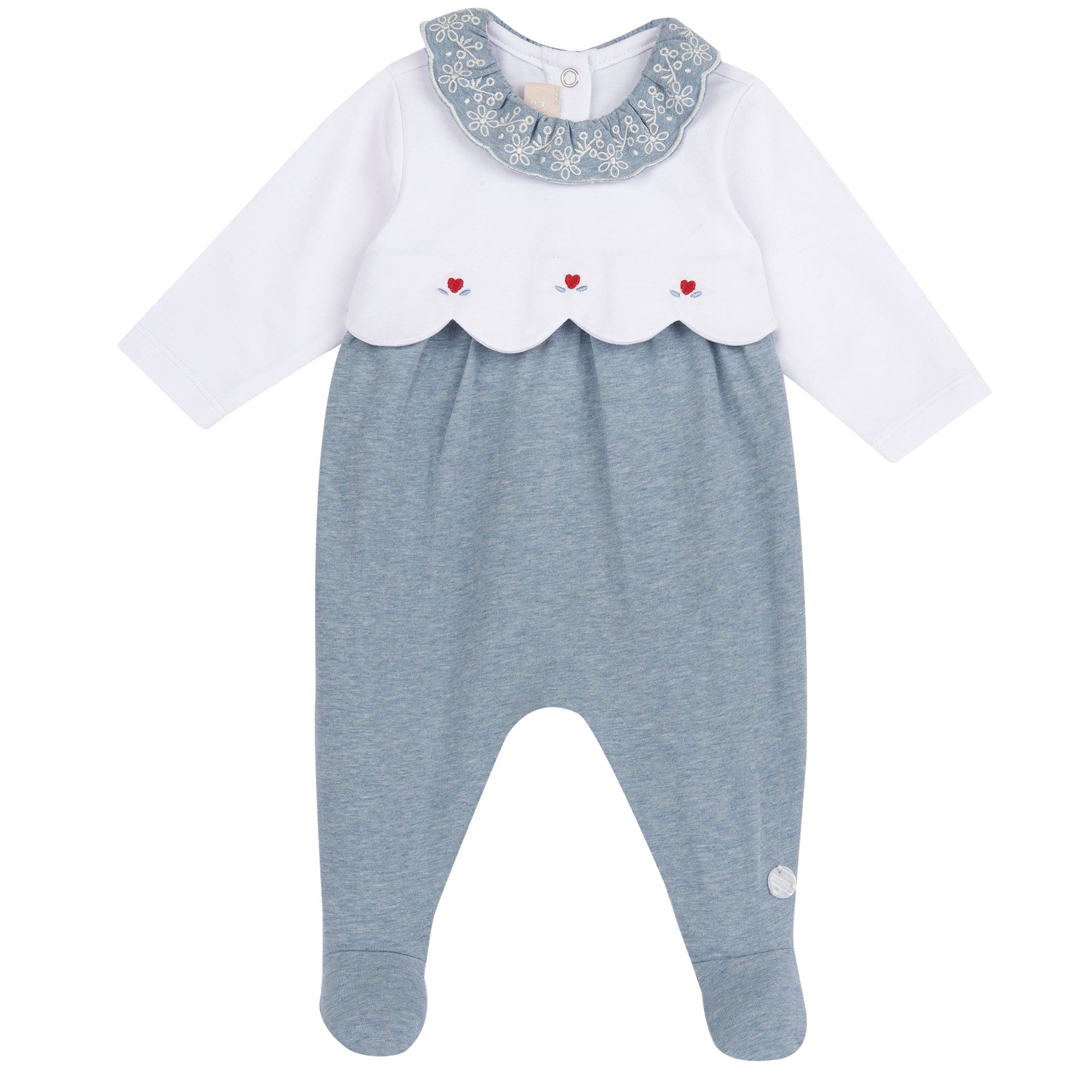 Girls Medium Light Blue Embroidered Cotton Stretch Nappy Opening Babysuit