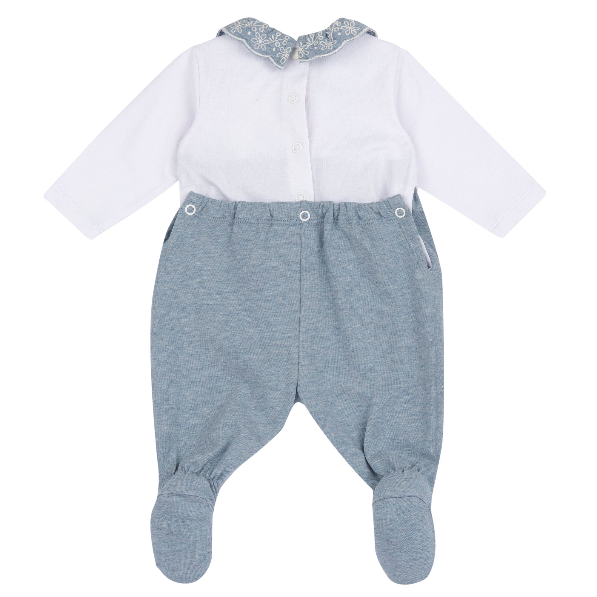 Girls Medium Light Blue Embroidered Cotton Stretch Nappy Opening Babysuit