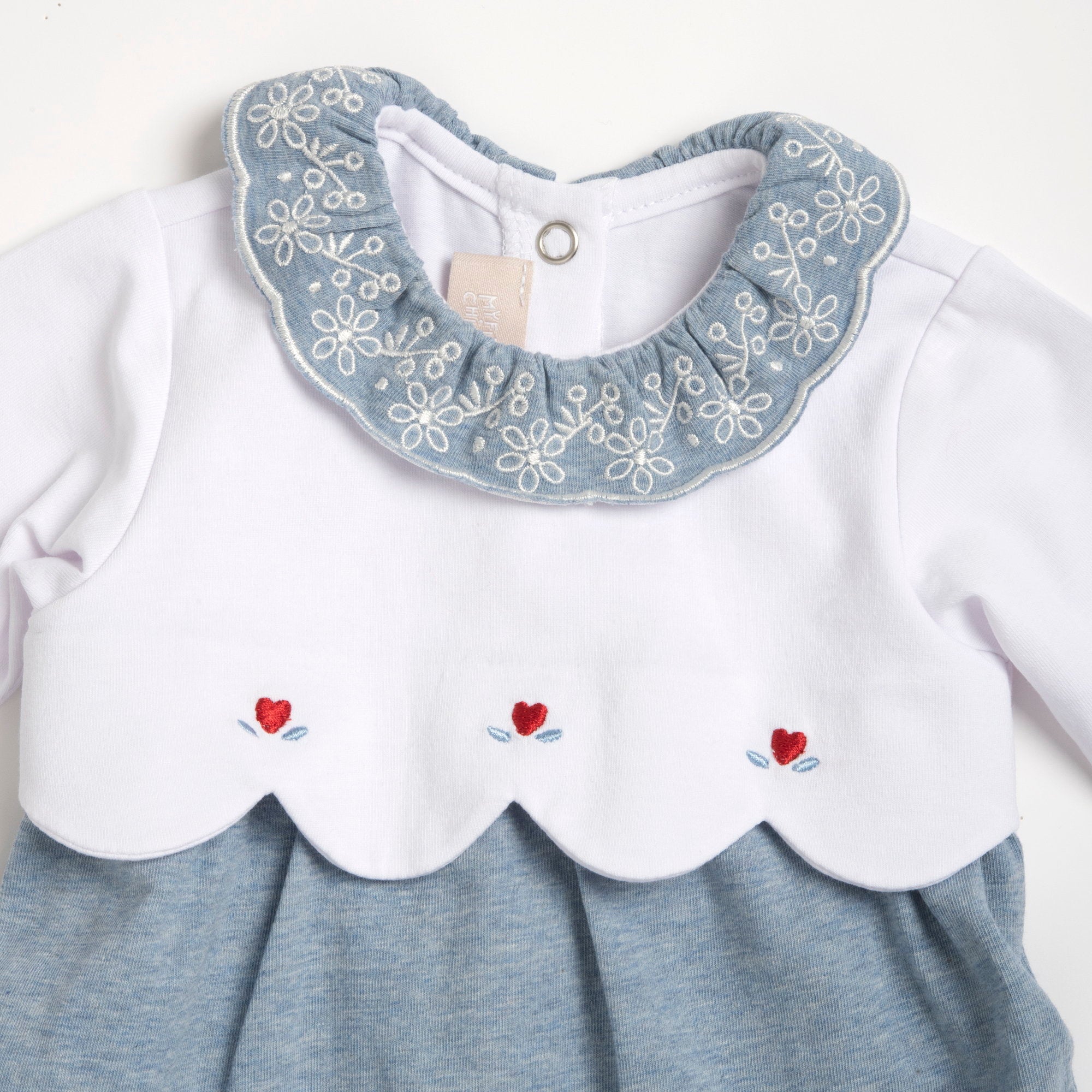 Girls Medium Light Blue Embroidered Cotton Stretch Nappy Opening Babysuit
