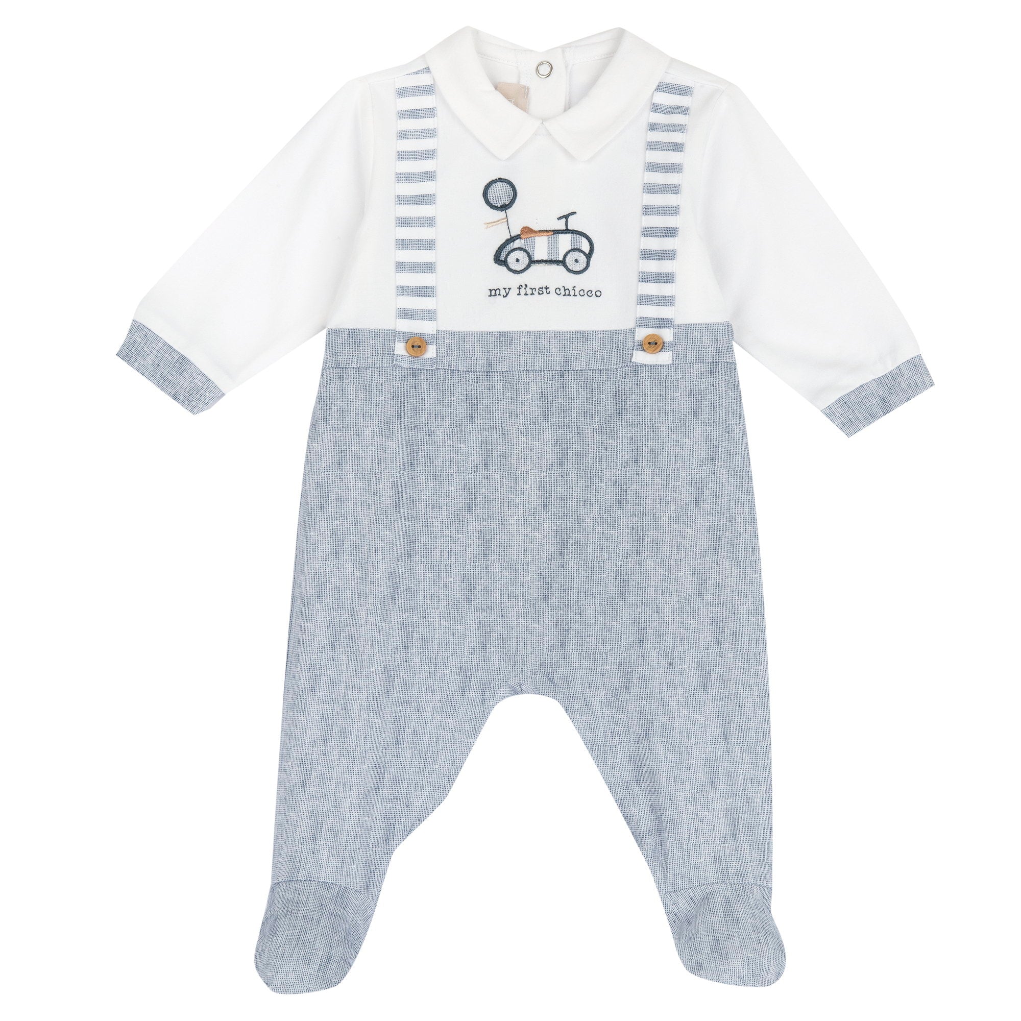 Boys Medium Light Blue Embroidered Cotton Stretch Nappy Opening Babysuit