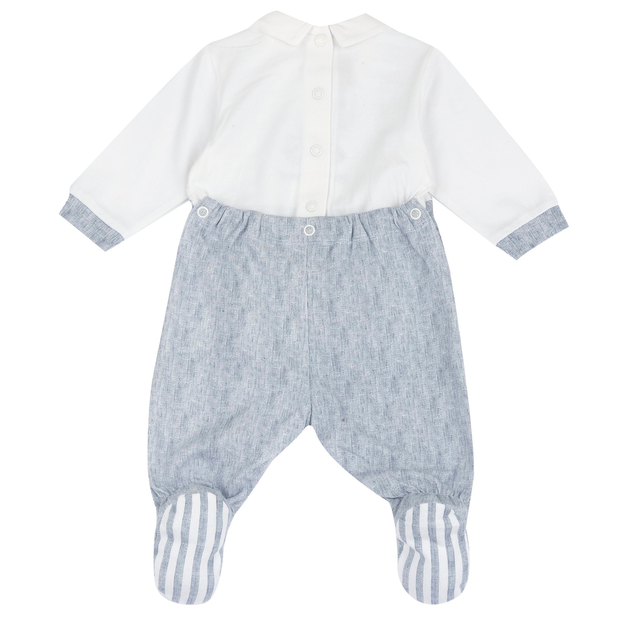 Boys Medium Light Blue Embroidered Cotton Stretch Nappy Opening Babysuit