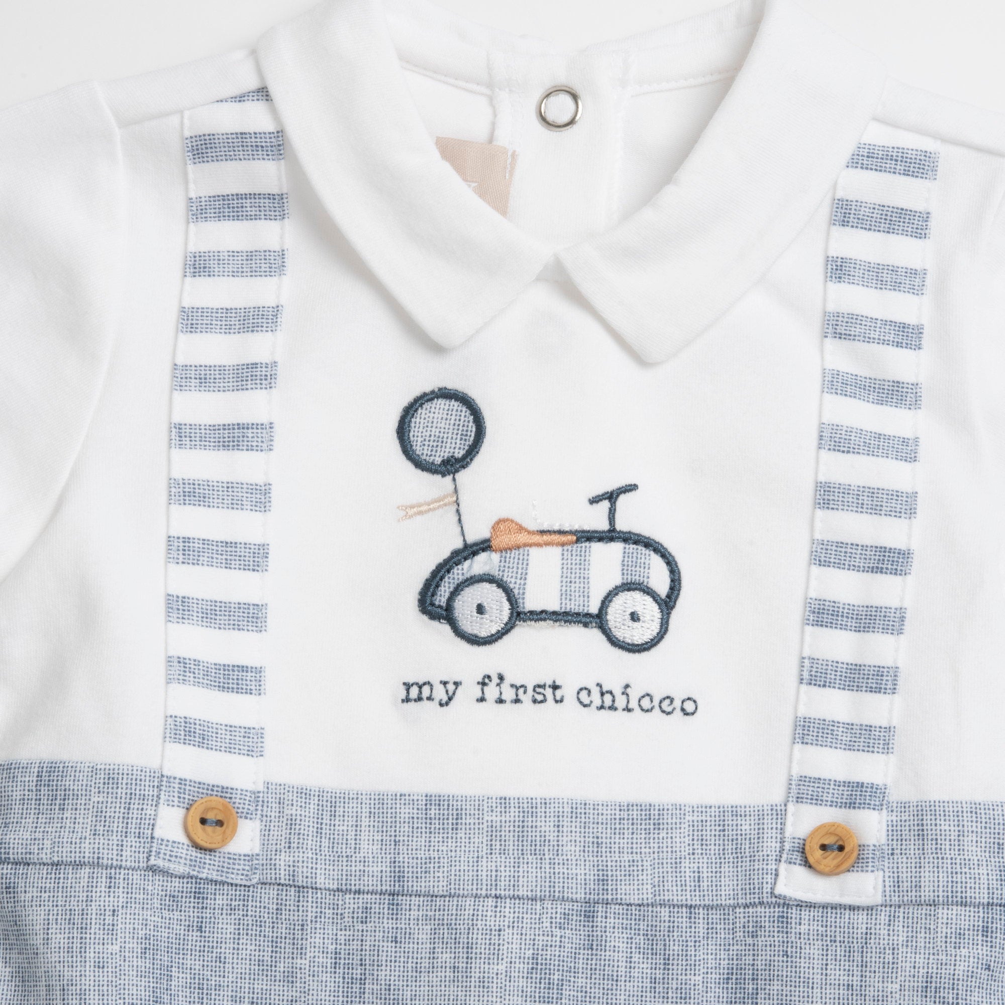 Boys Medium Light Blue Embroidered Cotton Stretch Nappy Opening Babysuit