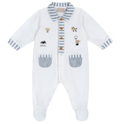 Boys White Applique Cotton Stretch Front Opening Babysuit