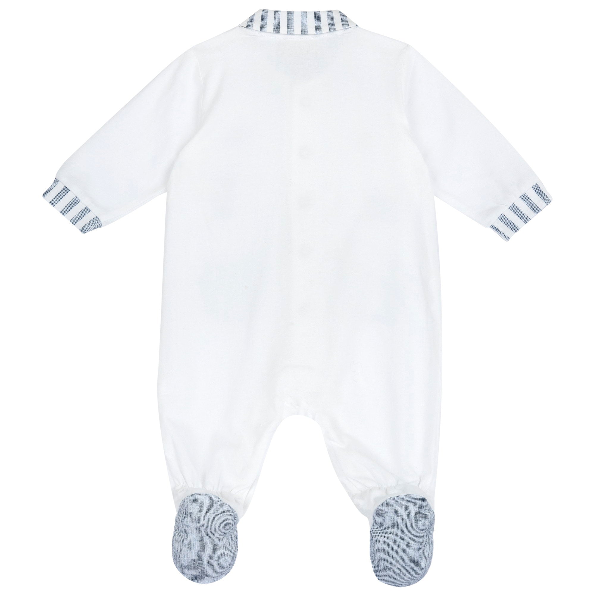 Boys White Applique Cotton Stretch Front Opening Babysuit