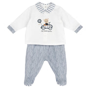 Boys Medium Light Blue Embroidered Cotton Stretch Smock and Leggings Set