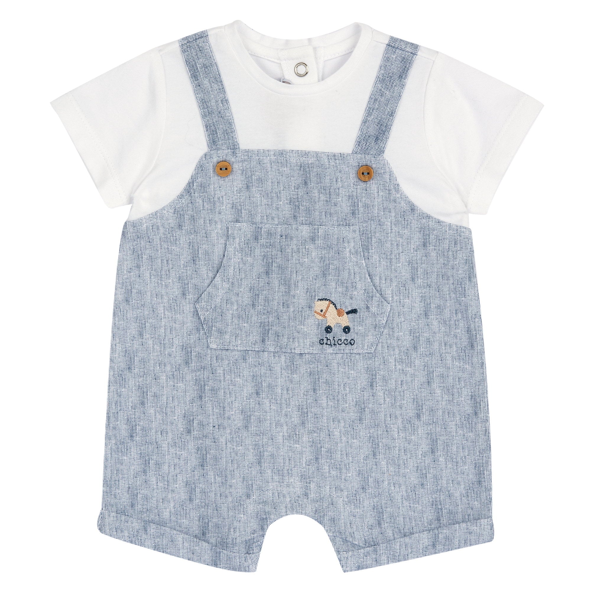 Boys Medium Light Blue Embroidered Cotton Stretch Short Sleeve Romper