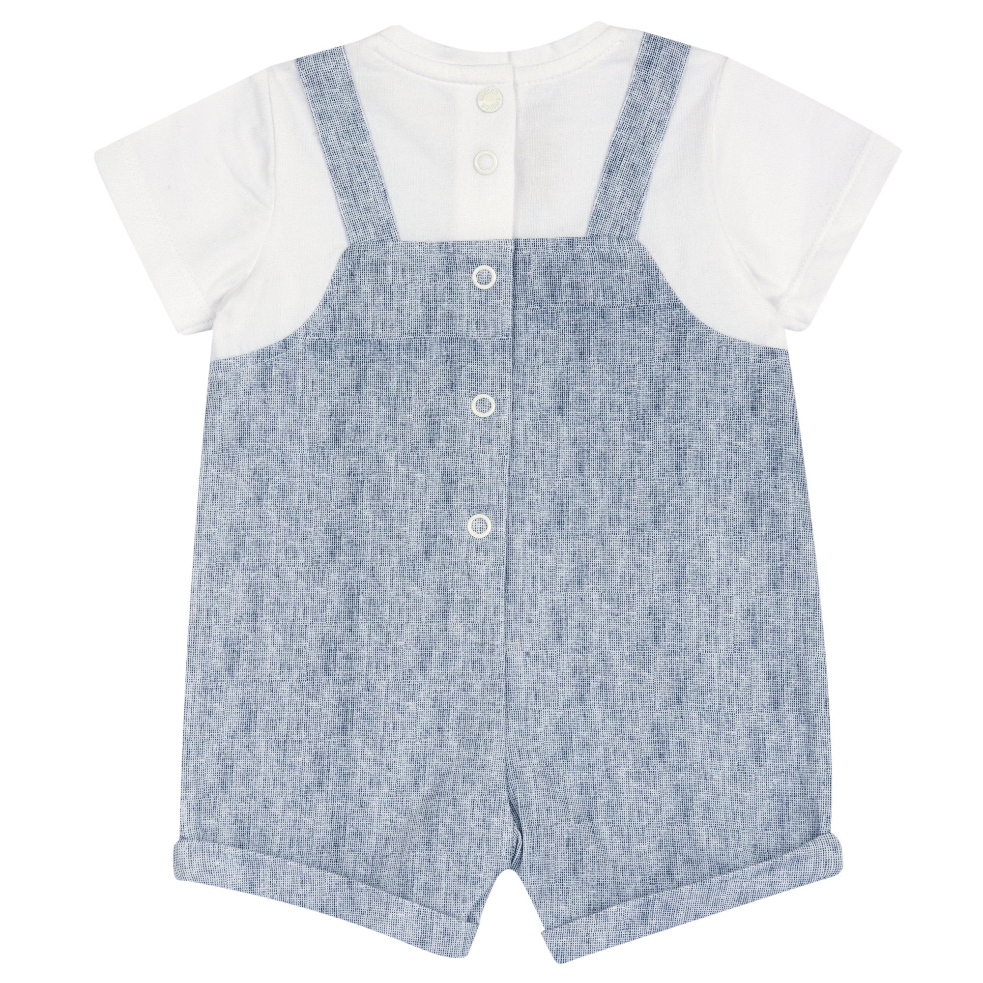 Boys Medium Light Blue Embroidered Cotton Stretch Short Sleeve Romper
