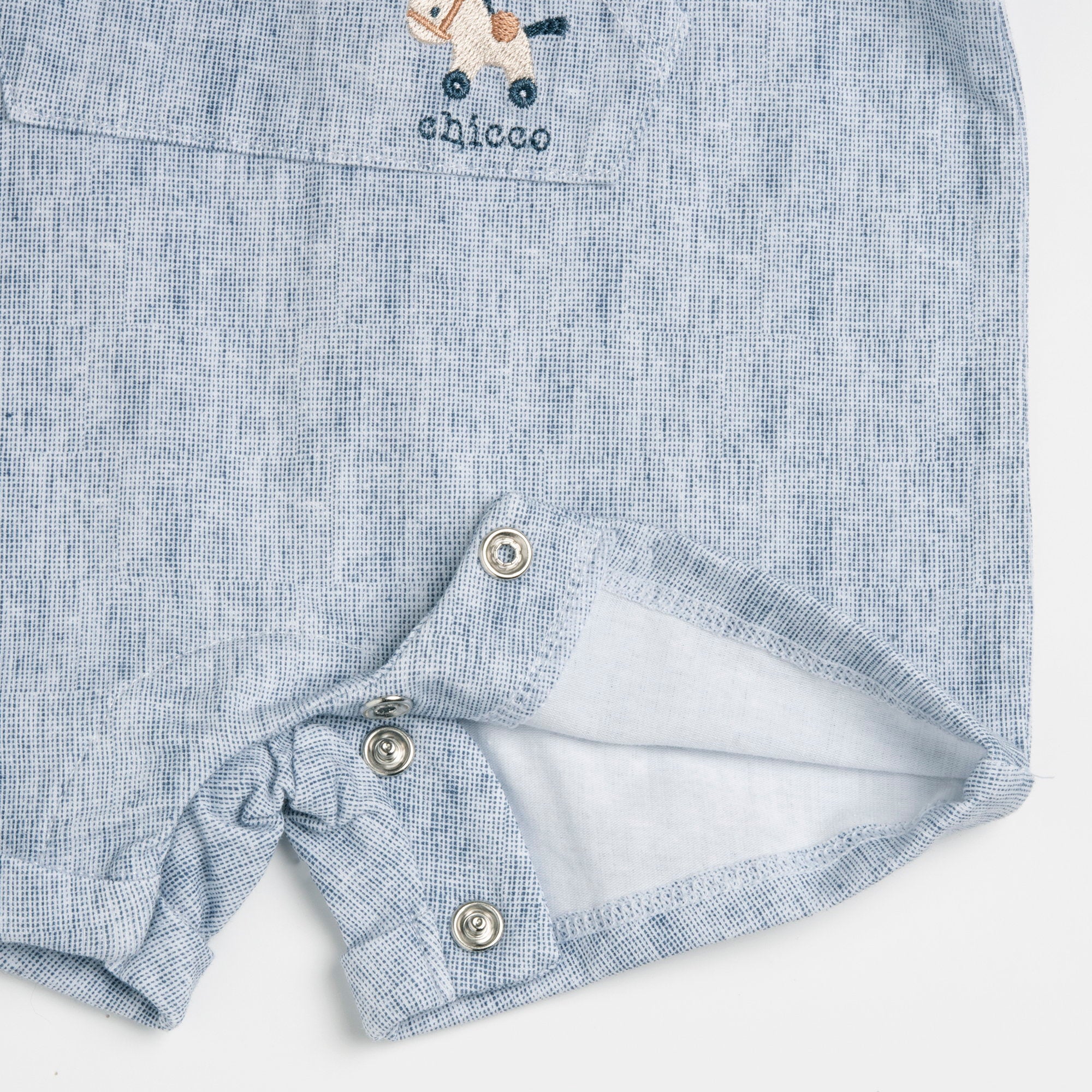 Boys Medium Light Blue Embroidered Cotton Stretch Short Sleeve Romper