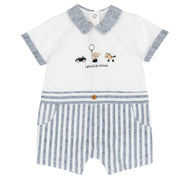 Boys Medium Light Blue Embroidered Cotton Stretch Collared Romper