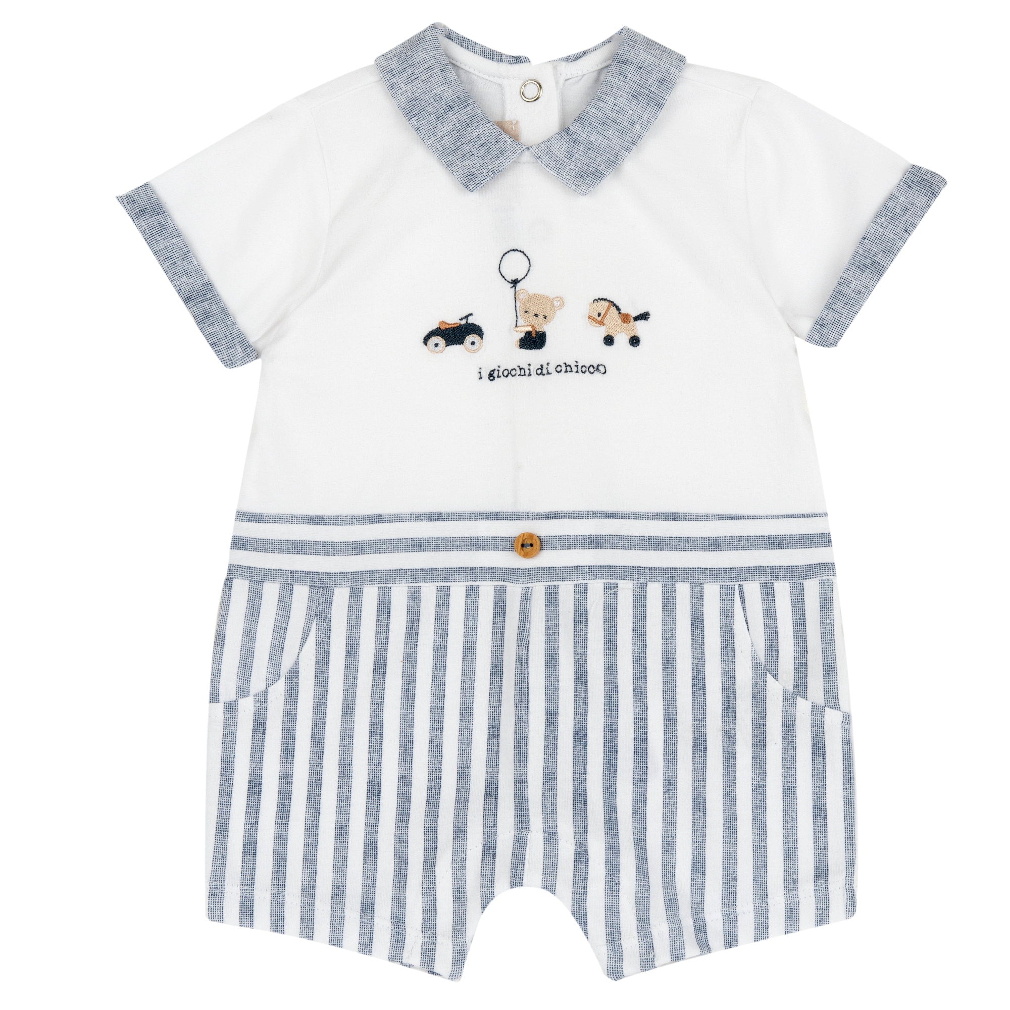 Boys Medium Light Blue Embroidered Cotton Stretch Collared Romper