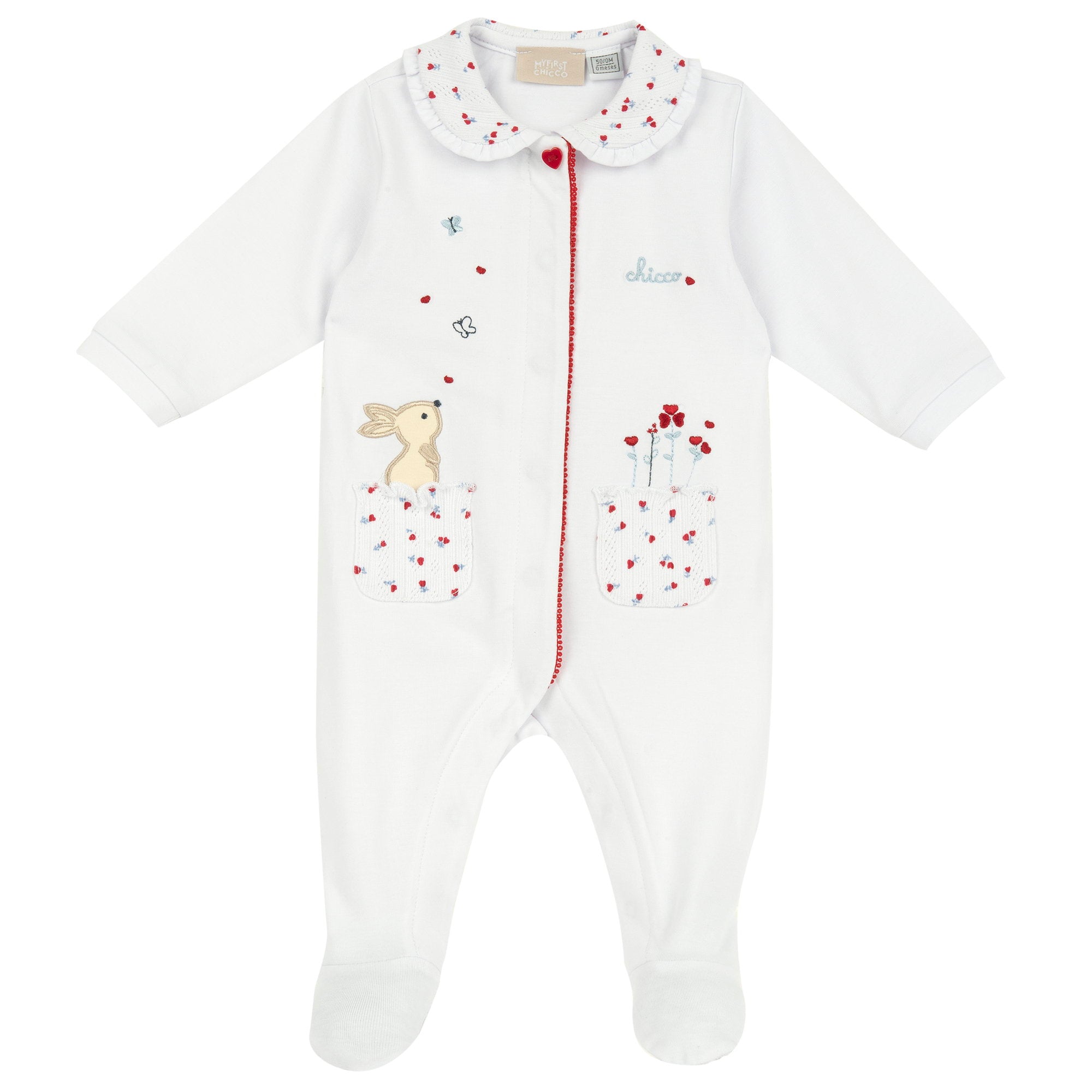 Girls White Applique Cotton Stretch Front Opening Babysuit with Peter Pan Collar