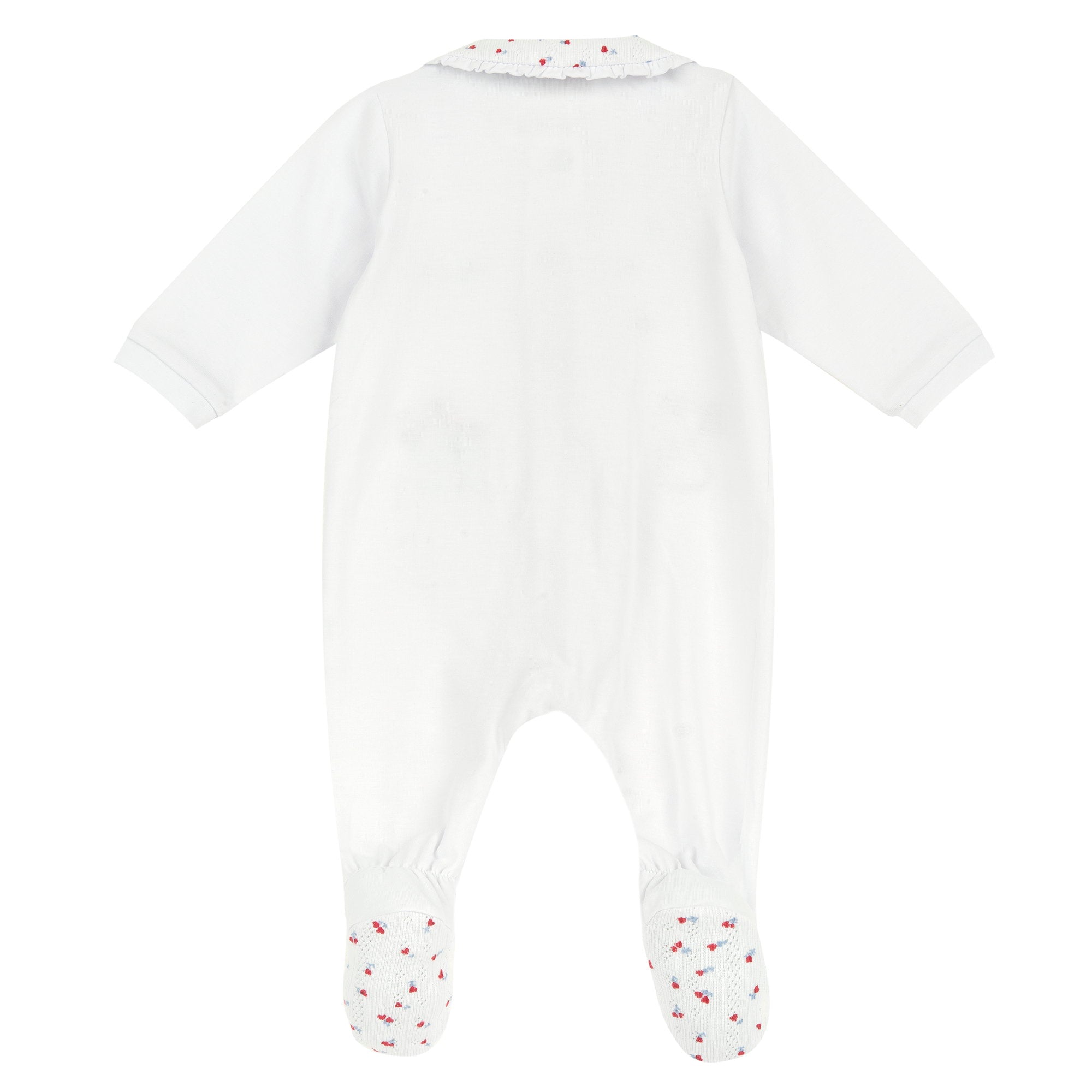 Girls White Applique Cotton Stretch Front Opening Babysuit with Peter Pan Collar