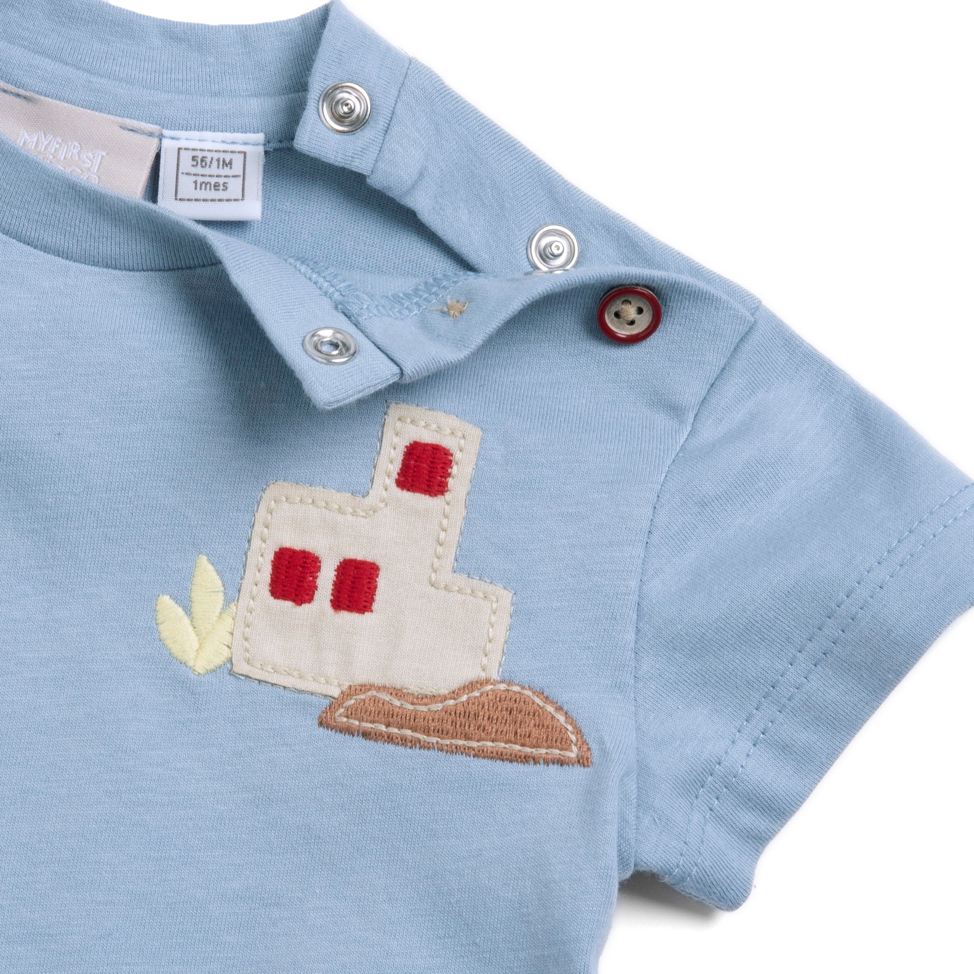 Boys Medium Light Blue Embroidered Cotton T-Shirt with Regular Fit