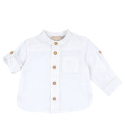 Boys White Solid Cotton Long Sleeve Shirt with Mandarin Collar