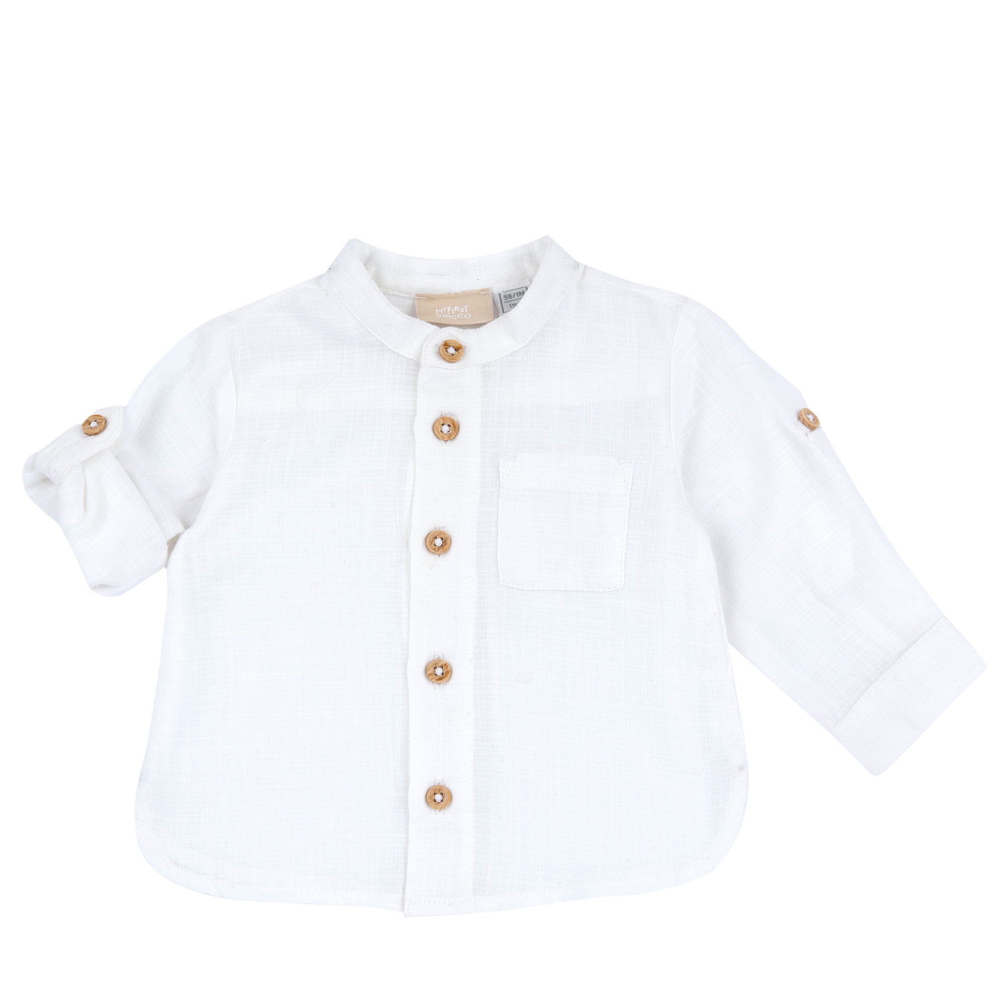 Boys White Solid Cotton Long Sleeve Shirt with Mandarin Collar