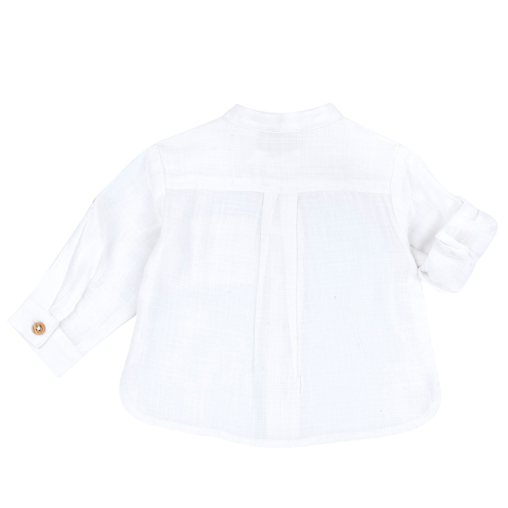 Boys White Solid Cotton Long Sleeve Shirt with Mandarin Collar