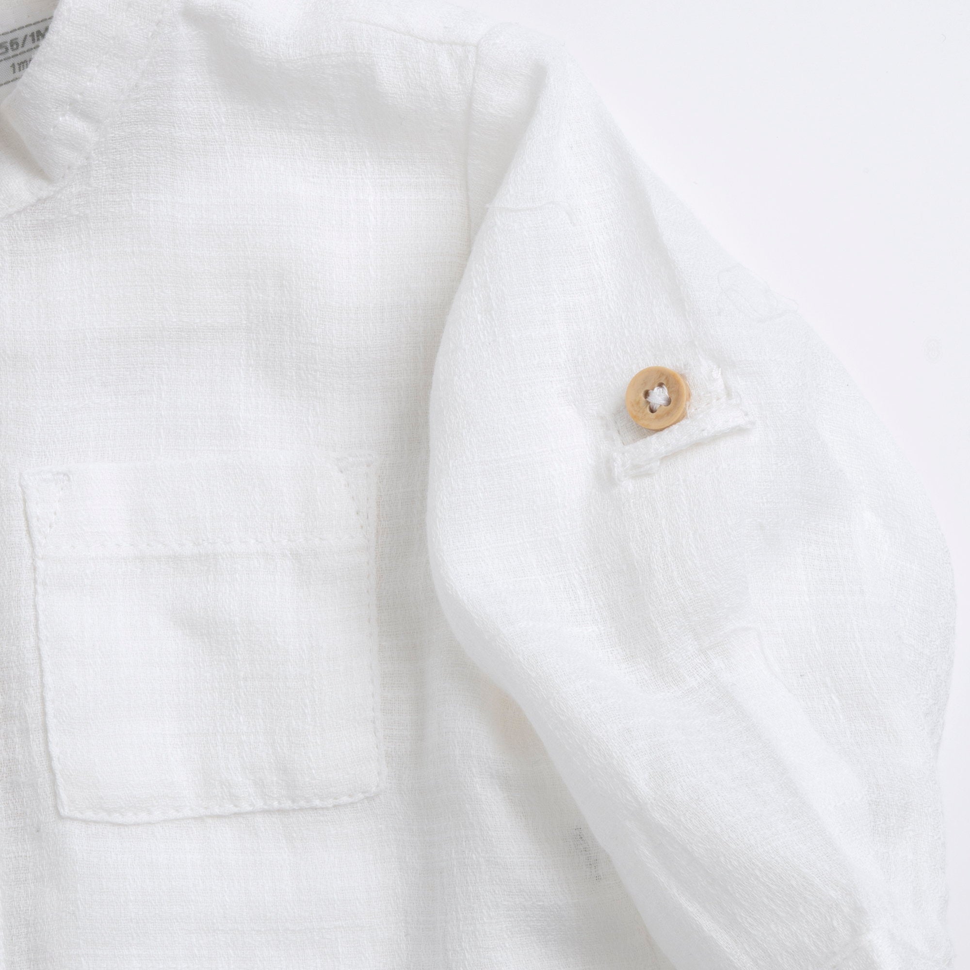 Boys White Solid Cotton Long Sleeve Shirt with Mandarin Collar