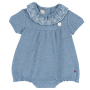 Girls Medium Light Blue Embroidered Cotton Stretch Short Sleeve Romper