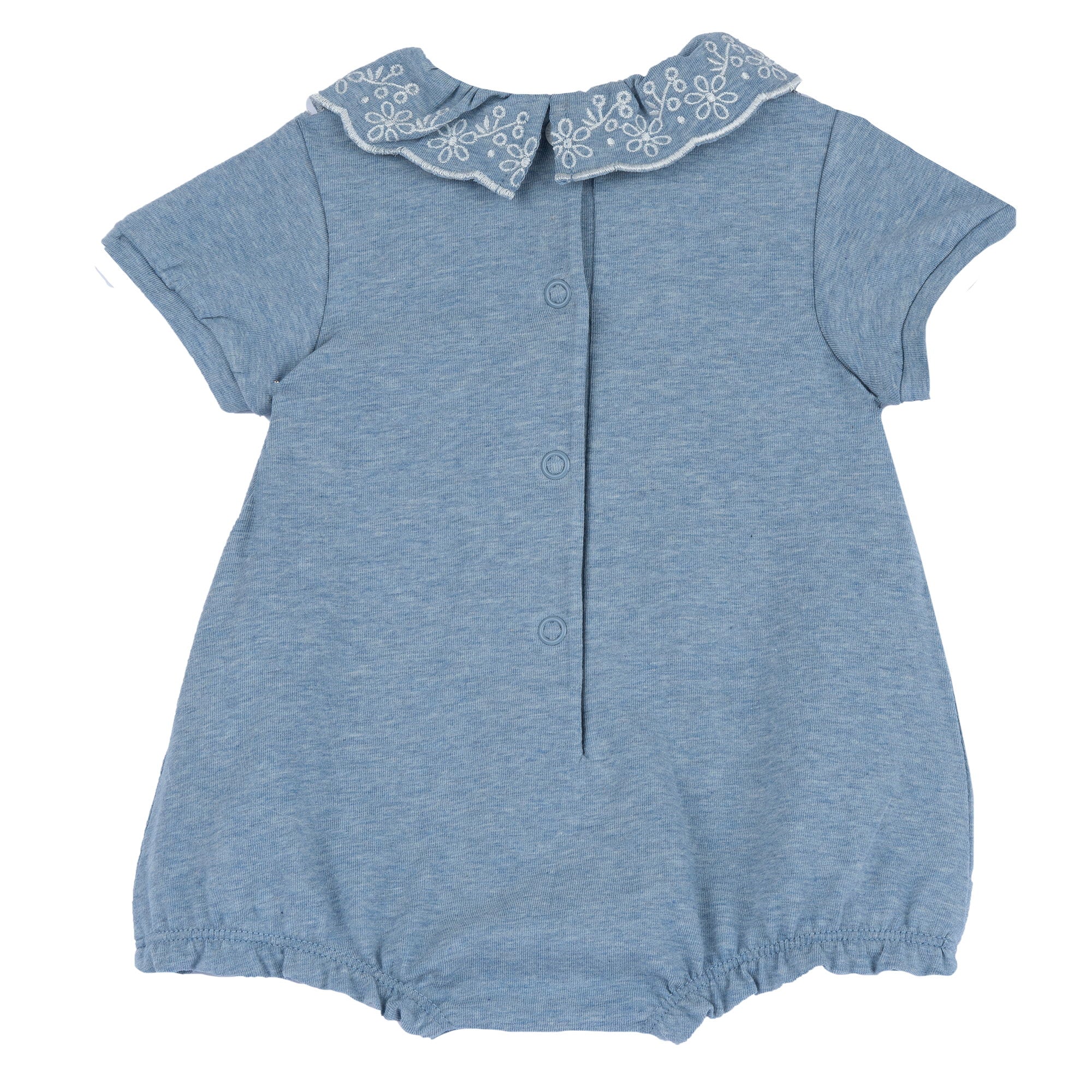 Girls Medium Light Blue Embroidered Cotton Stretch Short Sleeve Romper