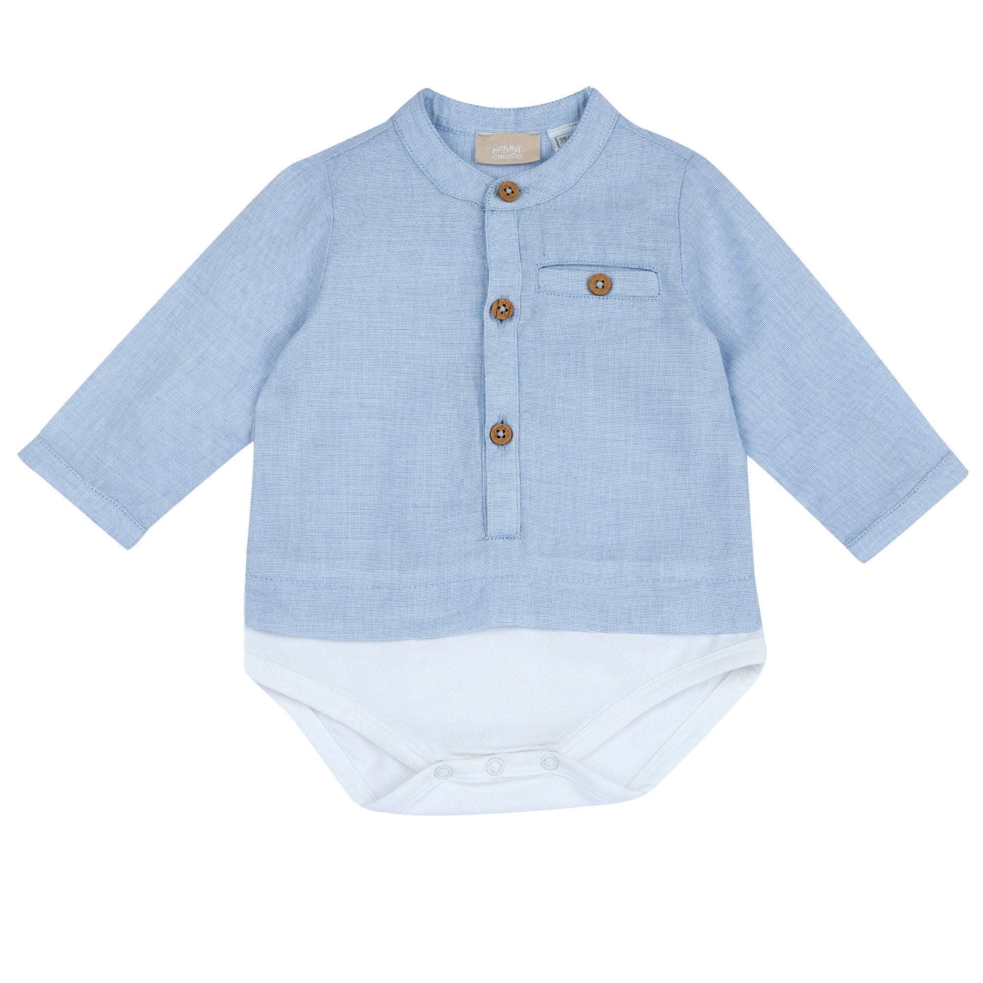 Boys Medium Light Blue Cotton Long Sleeve Bodysuit with Mandarin Collar