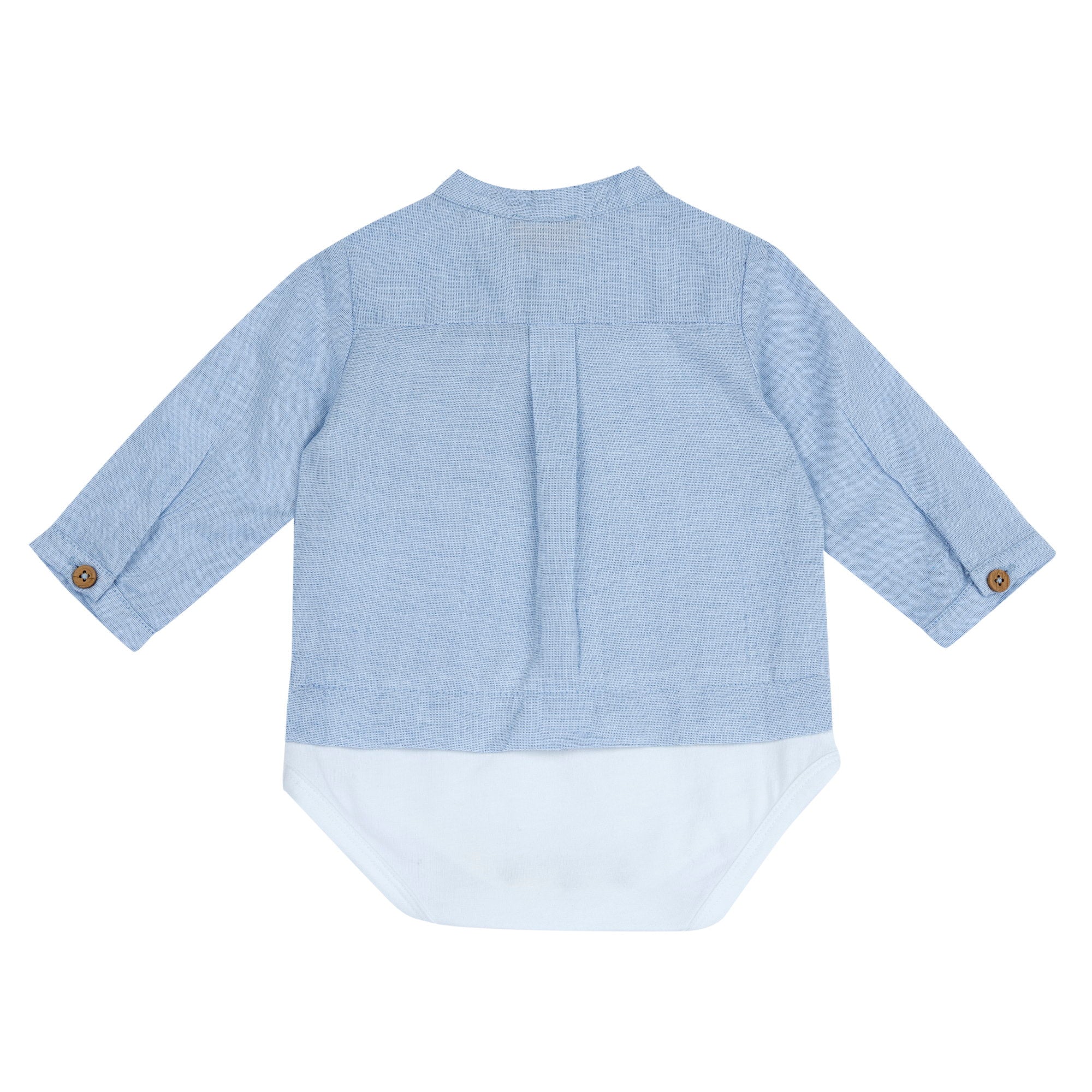 Boys Medium Light Blue Cotton Long Sleeve Bodysuit with Mandarin Collar