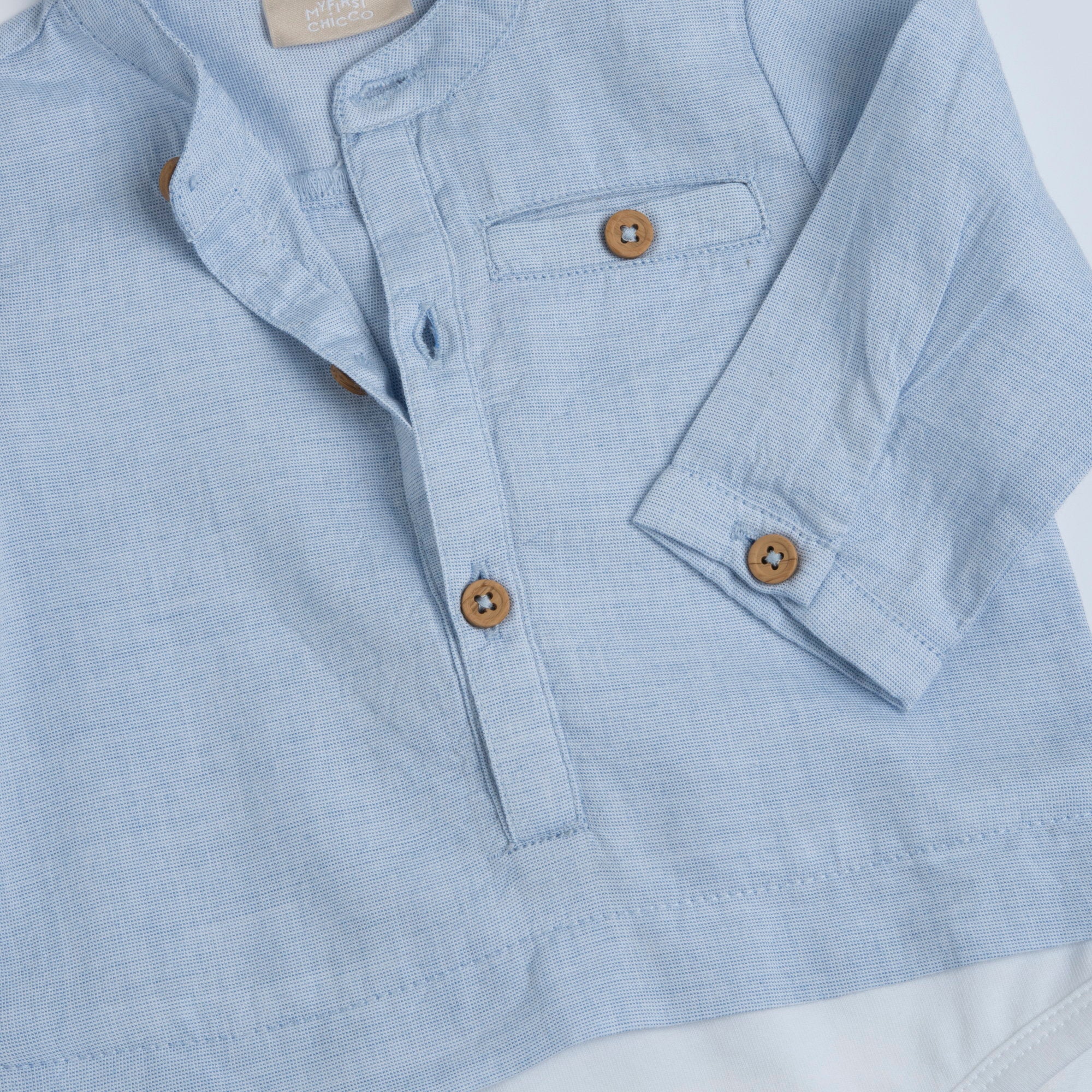 Boys Medium Light Blue Cotton Long Sleeve Bodysuit with Mandarin Collar
