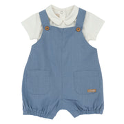 Boys Dark Light Blue Cotton Bodysuit and Short Overalls Set