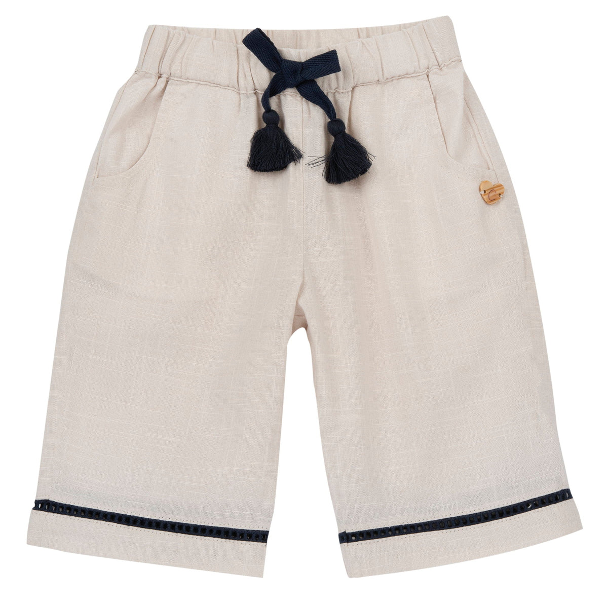 Girls Beige Bow Linen-Effect Cotton Trousers