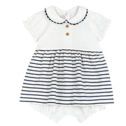 Girls White and Blue Striped Cotton Stretch Short Sleeve Romper